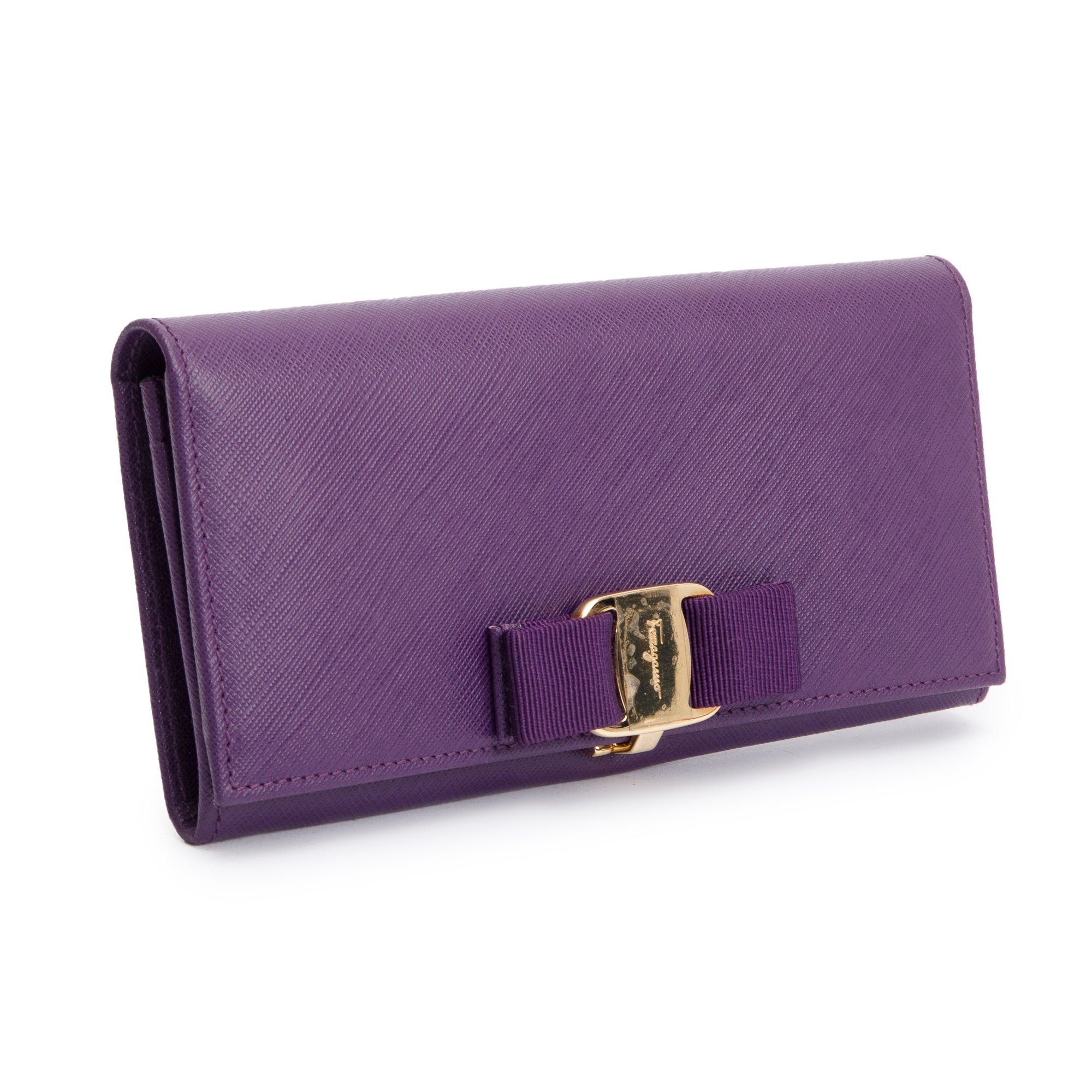 Ferragamo Purple Leather Vera Bow Continental Flap Wallet