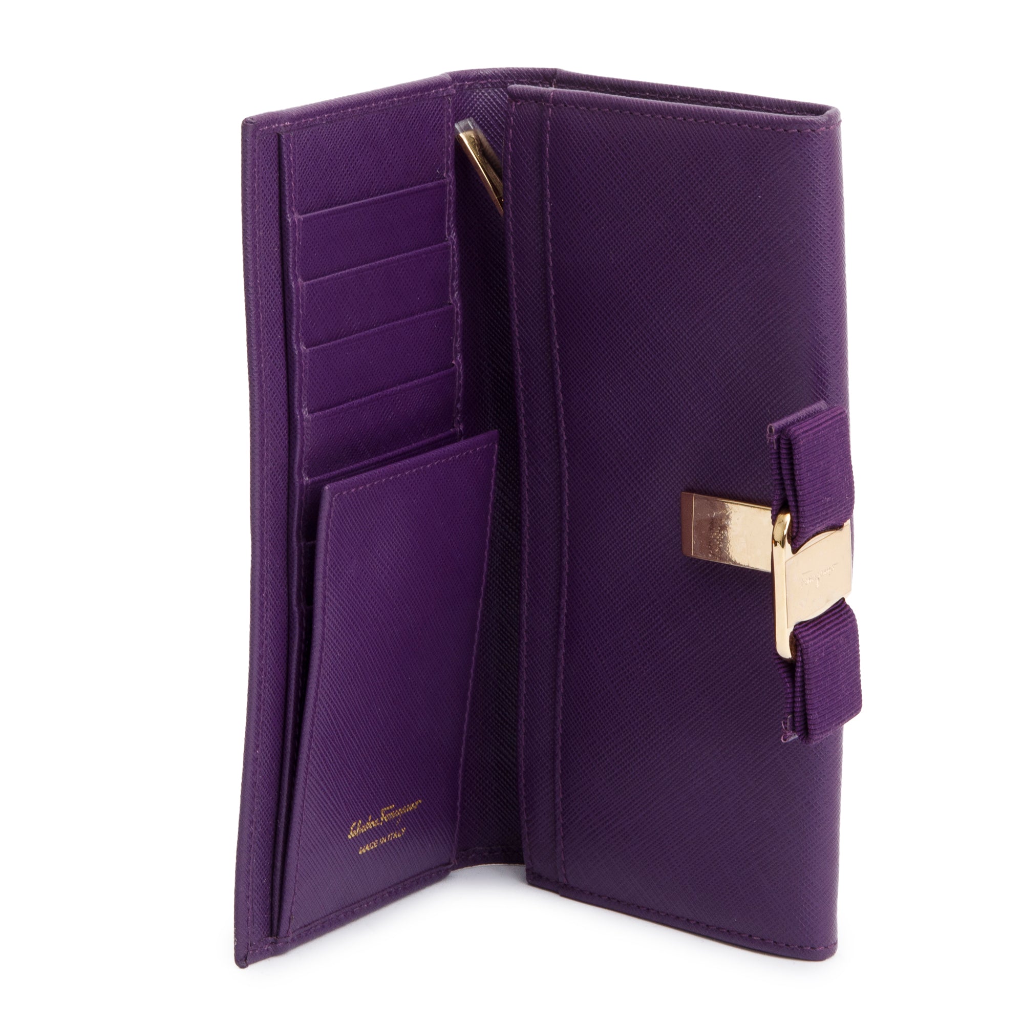 Ferragamo Purple Leather Vera Bow Continental Flap Wallet