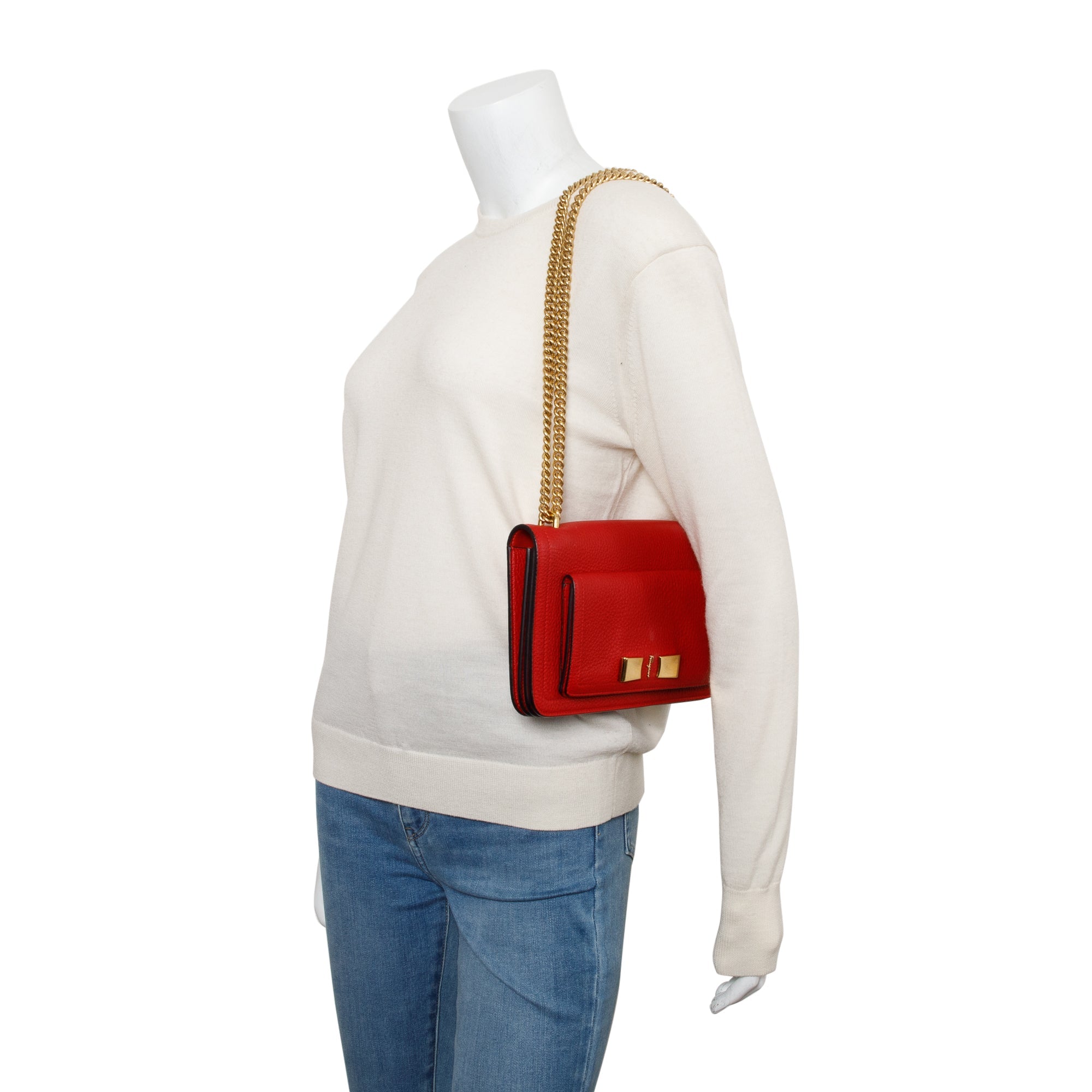 Ferragamo Red Grained Calfskin Leather Medium Ginevra Chain Bag