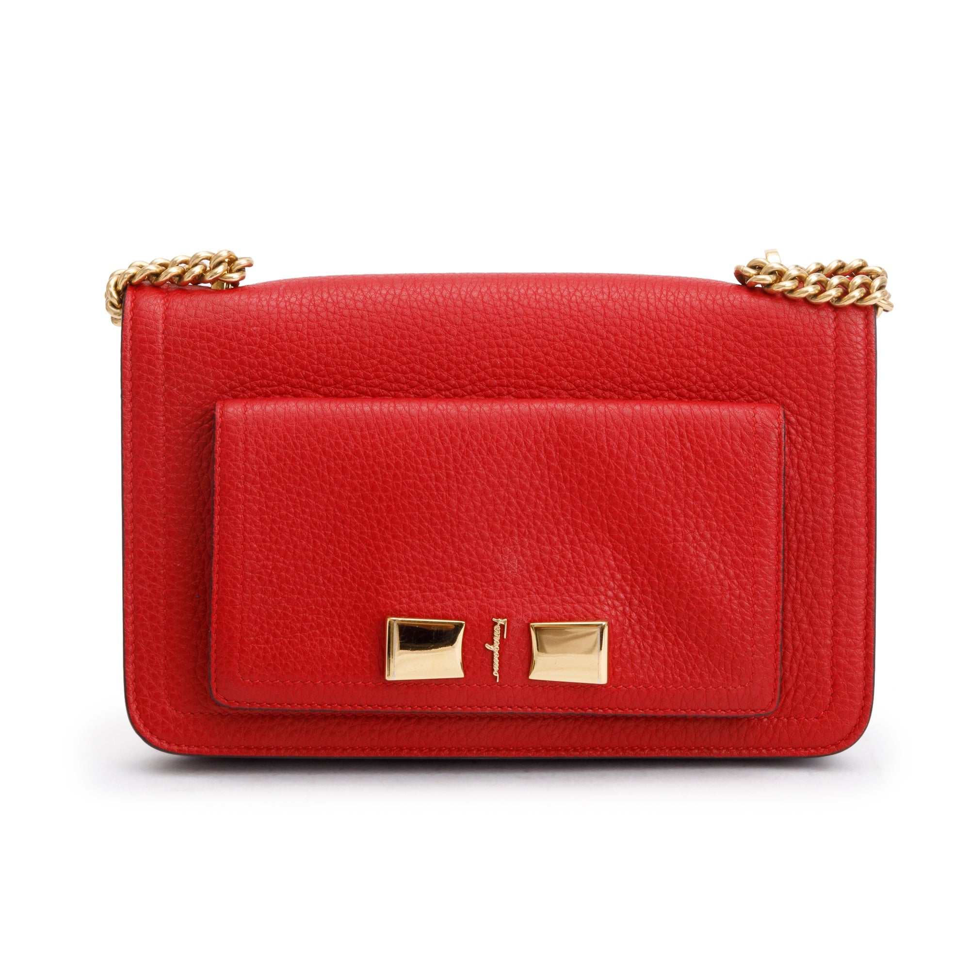 Ferragamo Red Grained Calfskin Leather Medium Ginevra Chain Bag