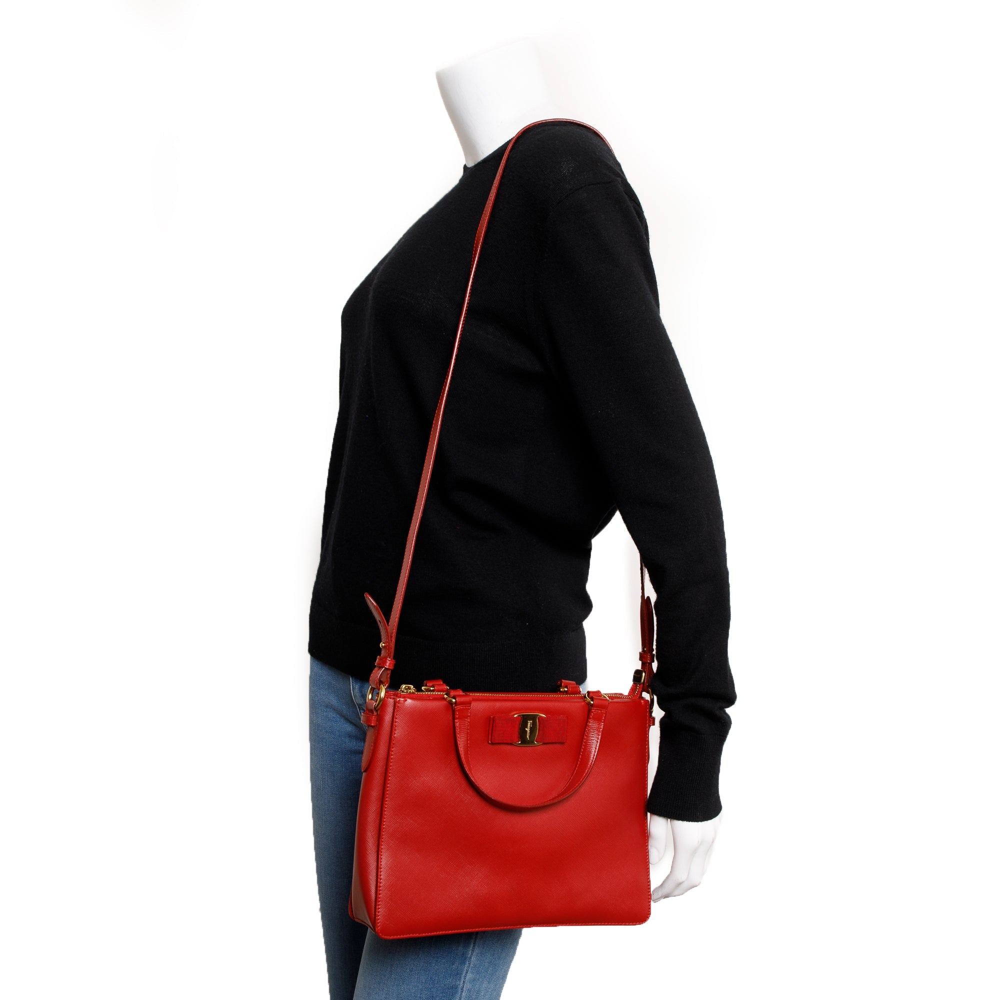 Ferragamo Red Saffiano Leather Vara Bow Tracy Bag