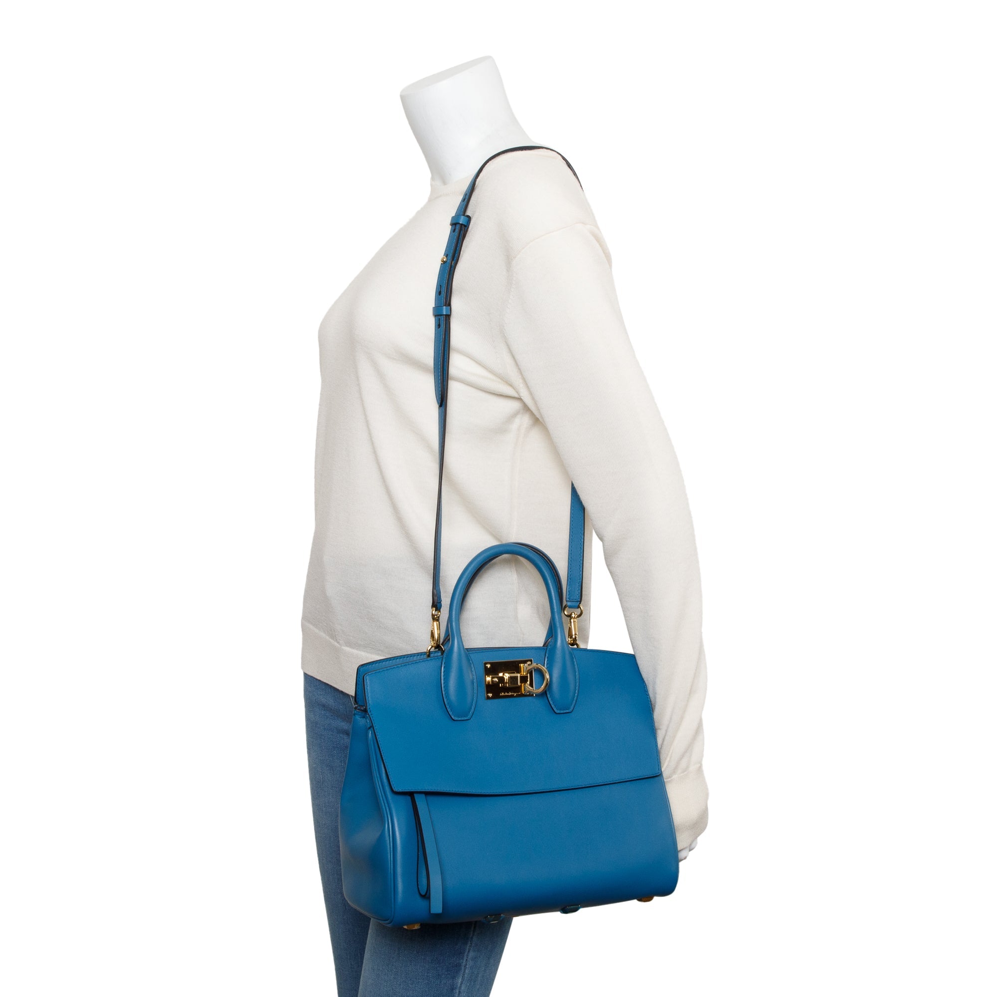 Ferragamo Small Blue Calfskin Studio Soft Bag w/ Pouch & Strap