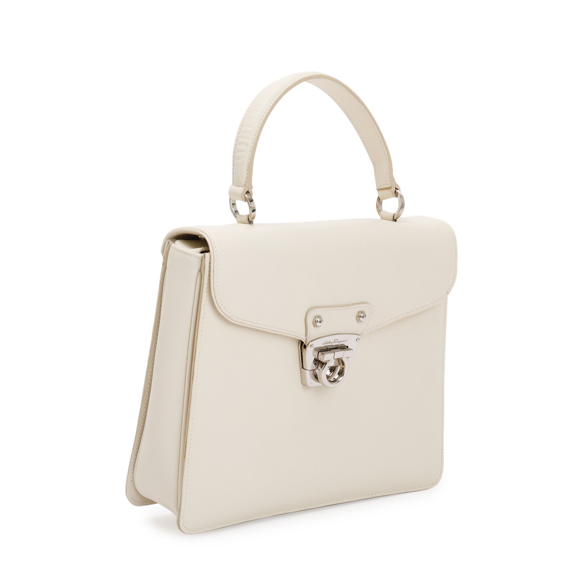 Ferragamo White Grained Leather Gancini Top Handle w/ Strap