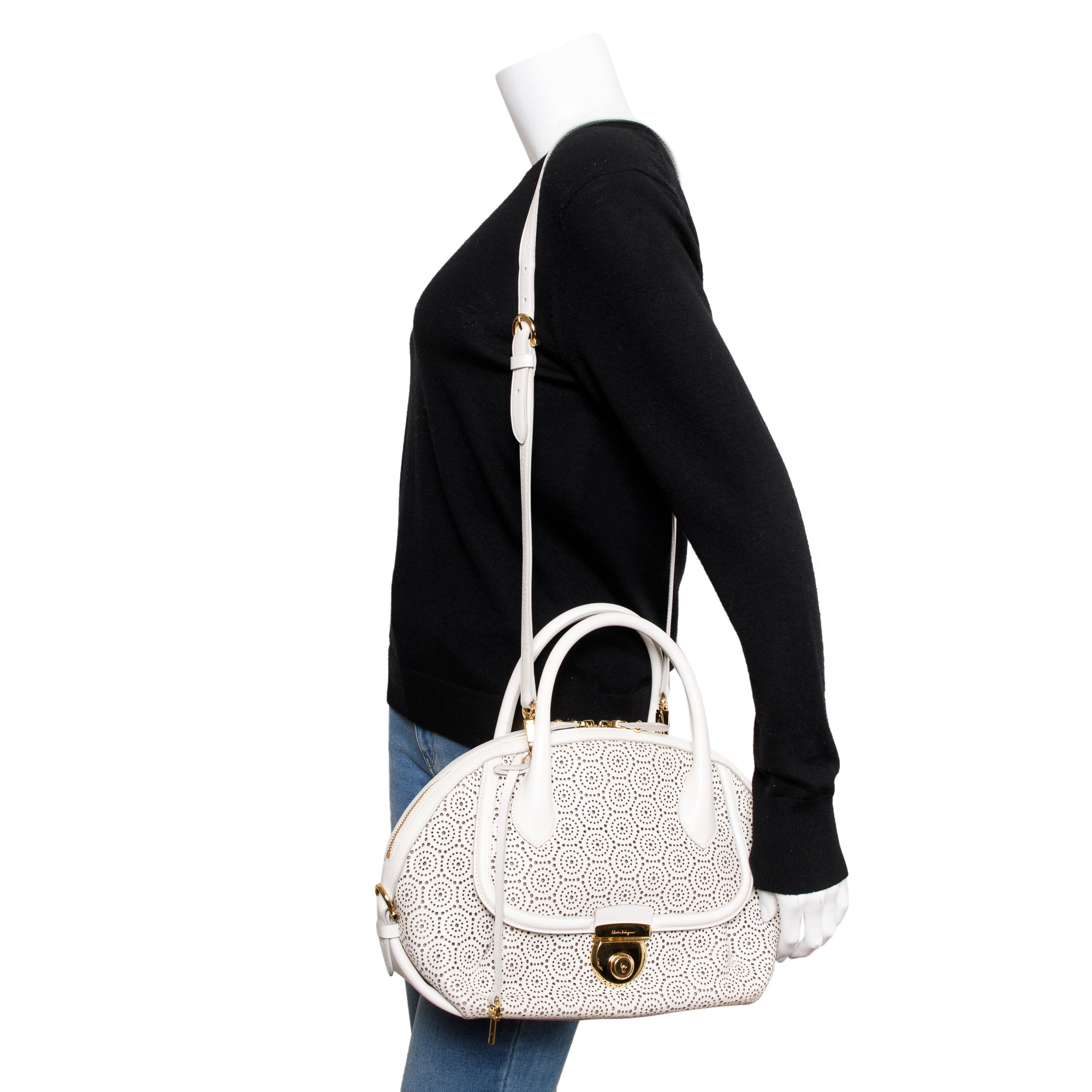 Ferragamo White Perforated Calfskin Leather Fiamma Bag w/ Strap