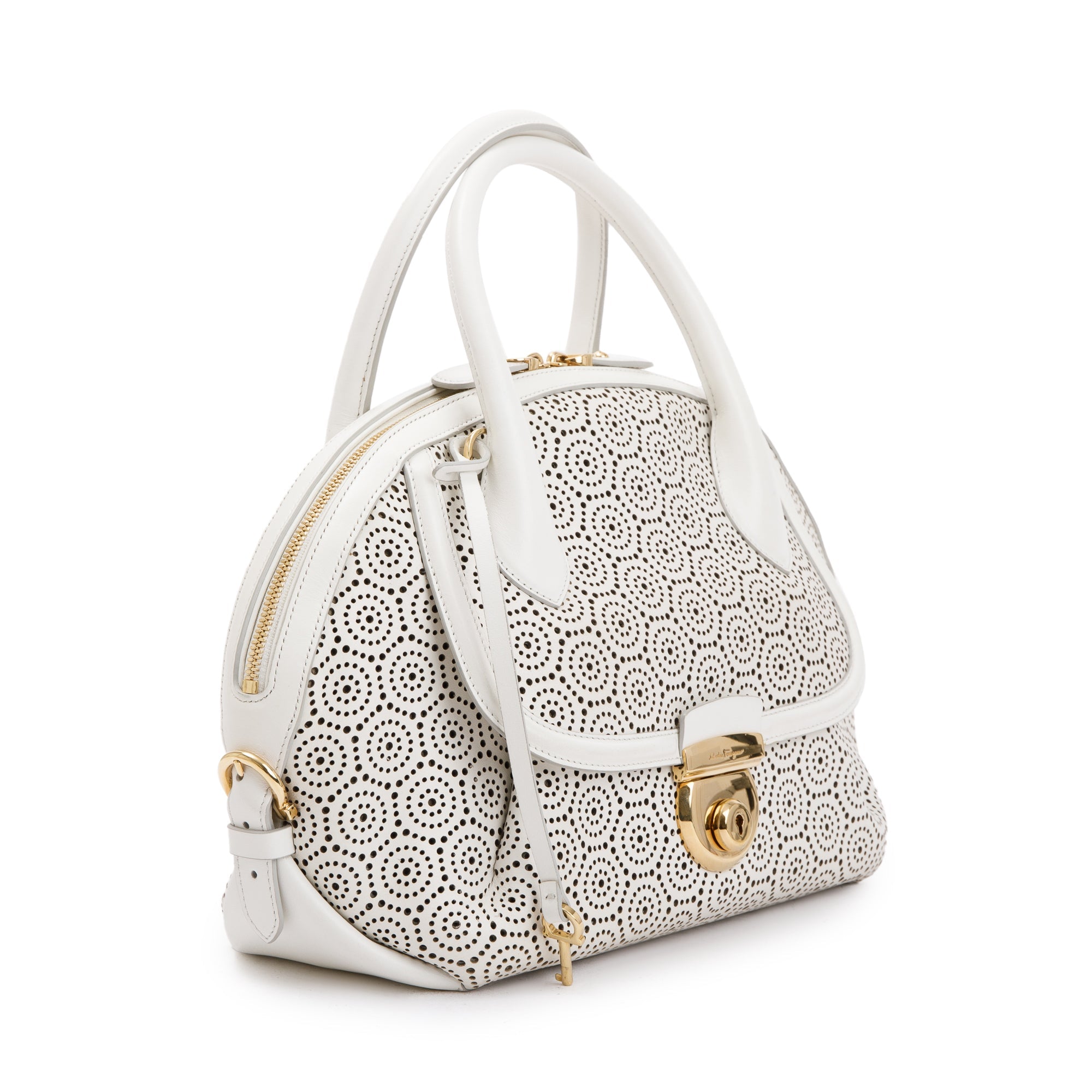 Ferragamo White Perforated Calfskin Leather Fiamma Bag w/ Strap