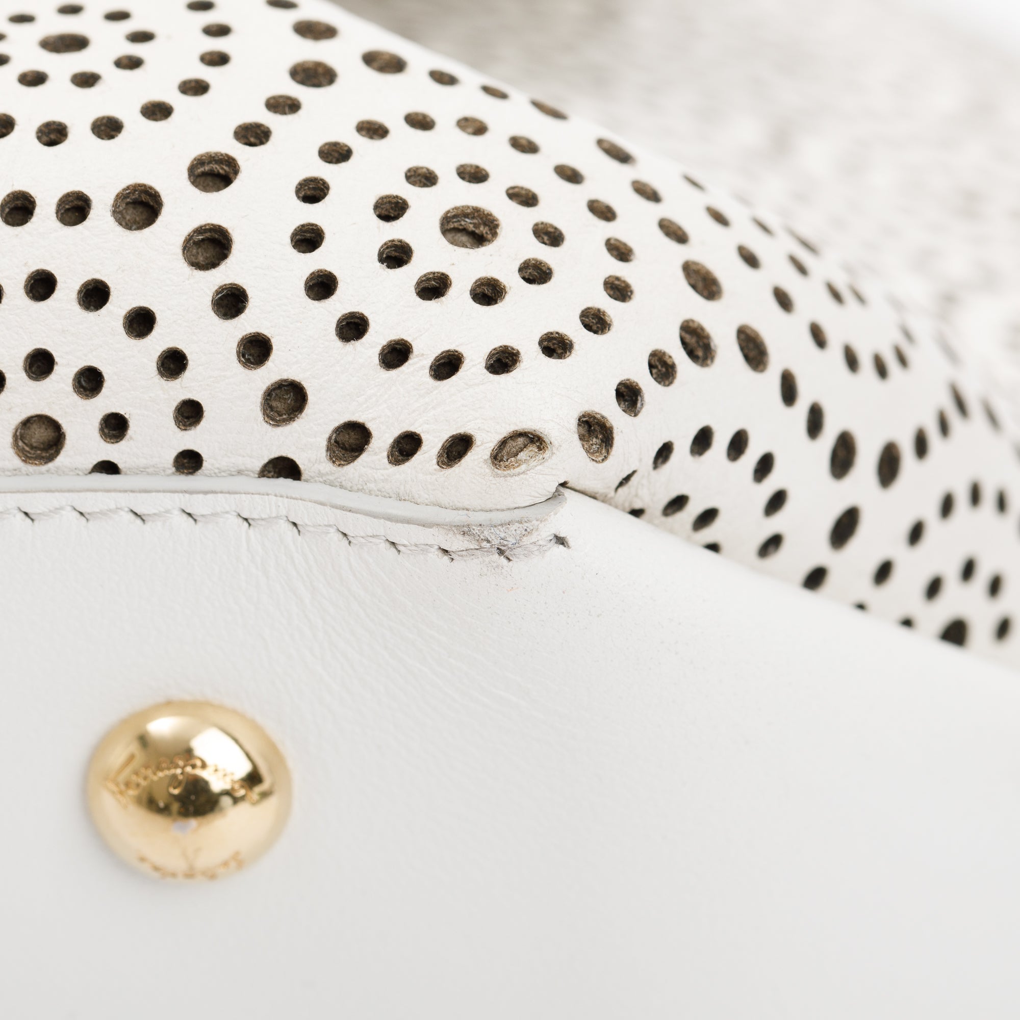 Ferragamo White Perforated Calfskin Leather Fiamma Bag w/ Strap