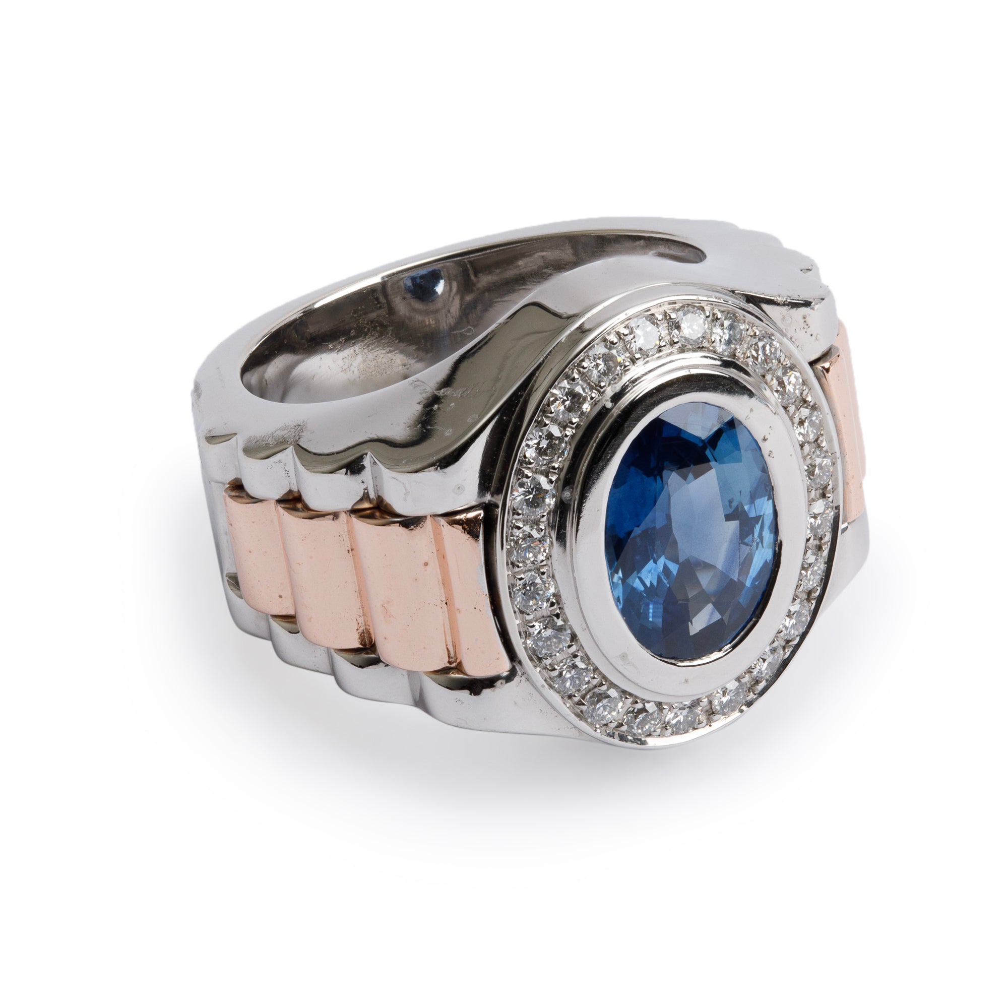 Gents 10k White & Rose Gold Blue Sapphire and Diamond Ring, Size 7.25