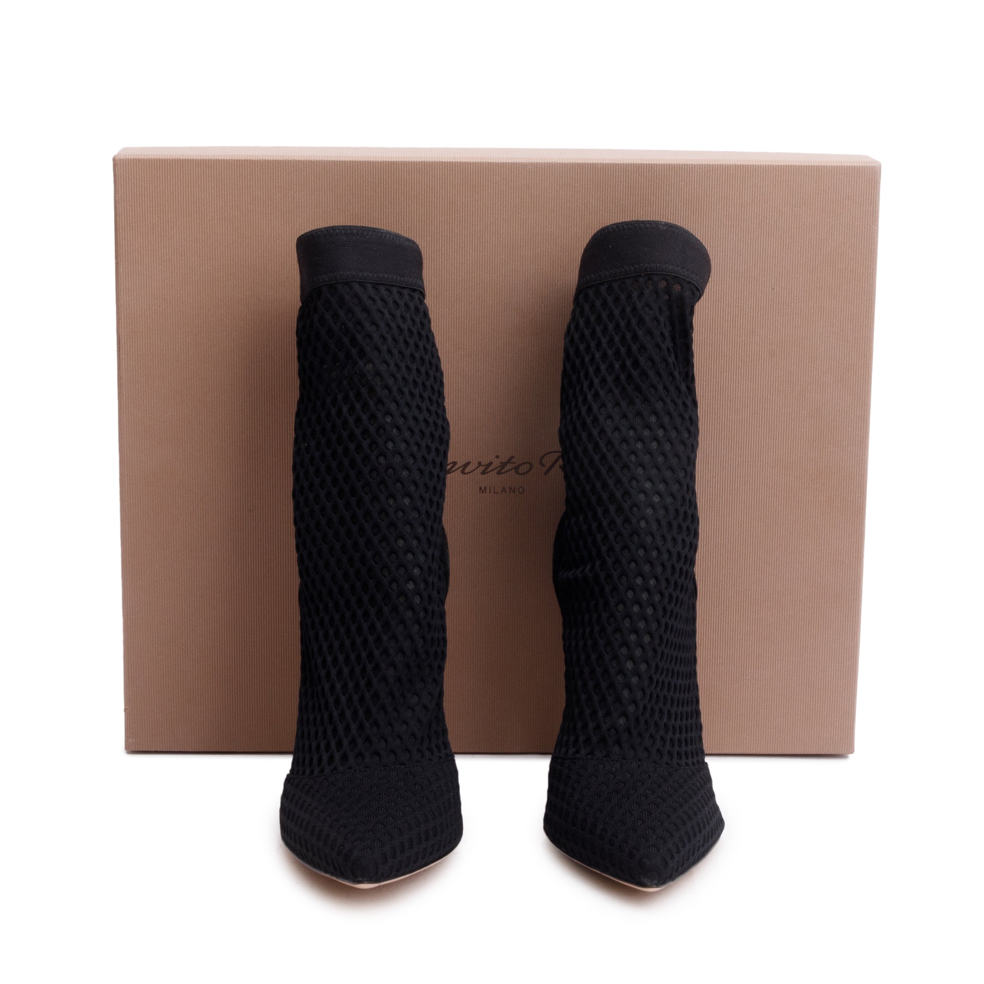 Gianvito Rossi Black Mesh Suede Vox Sock Knit Boots, Size 47 w/ Box