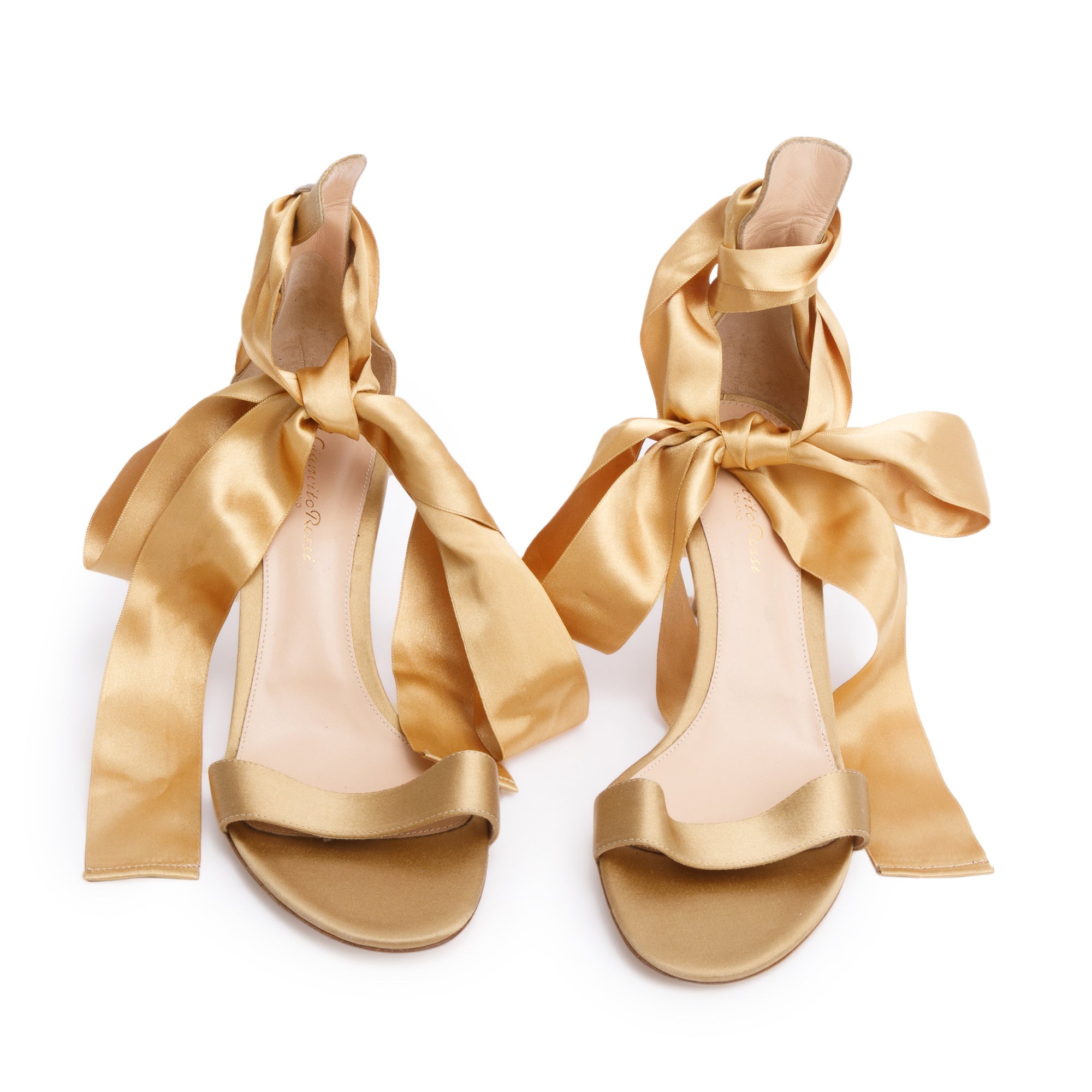 Gianvito Rossi Gold Satin Lace Up Gala Pump Sandals ,Size 40