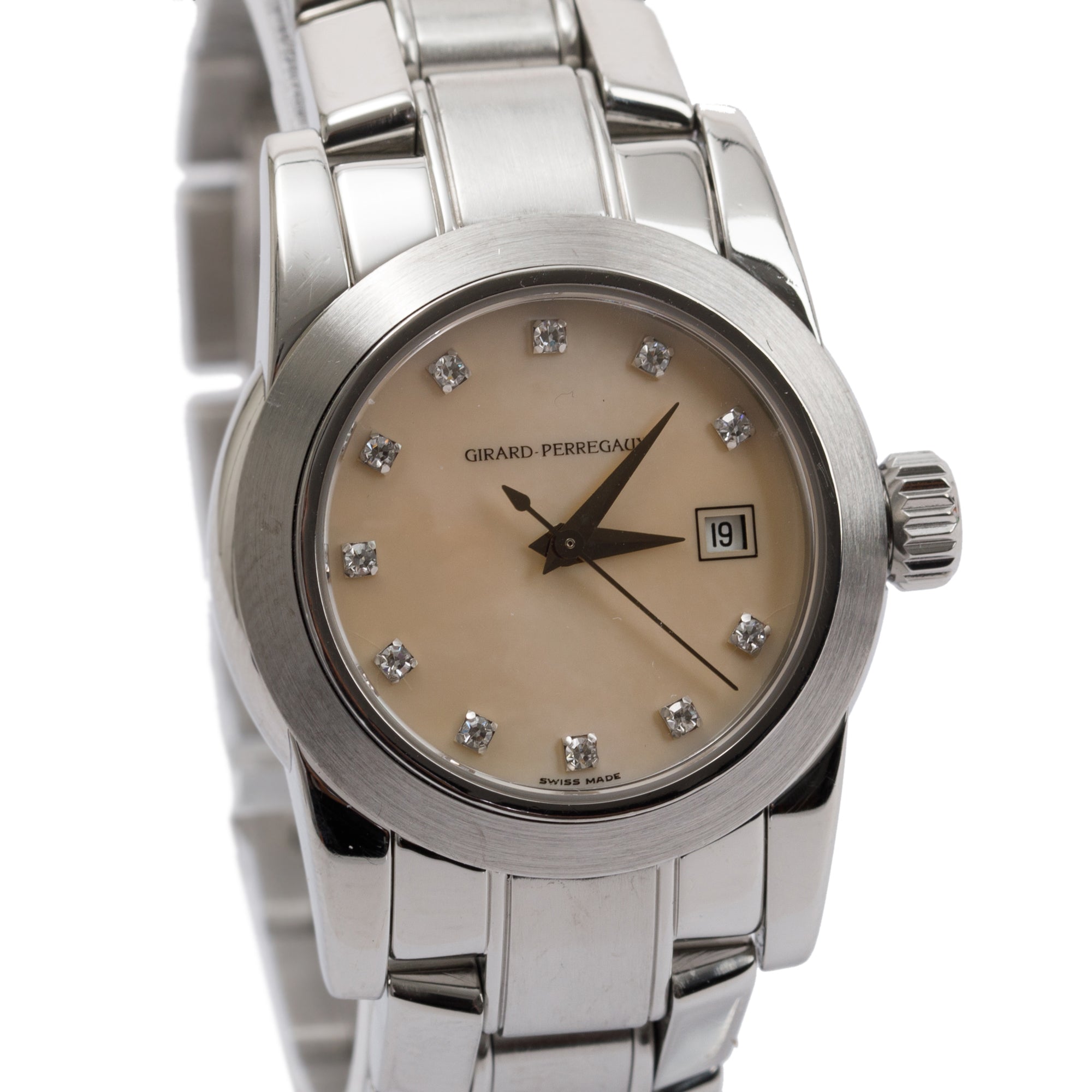 Girard Perregaux Stainless Steel Ladies Date Mother of Pearl Diamond Dial 29 MM Automatic Watch w/ Box & Papers