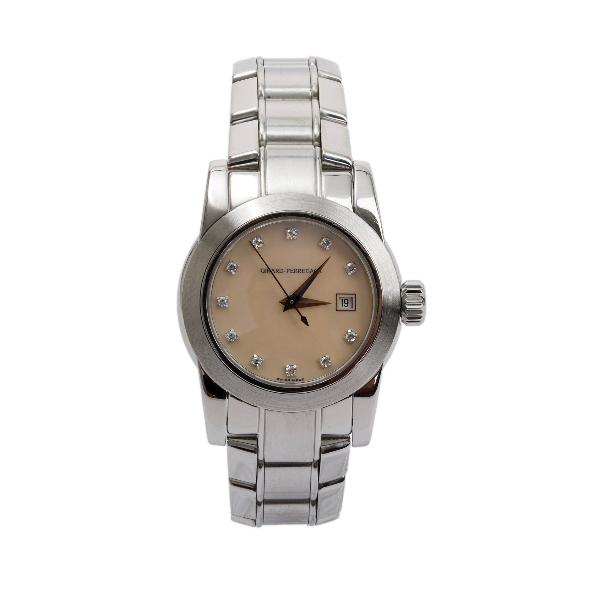Girard Perregaux Stainless Steel Ladies Date Mother of Pearl Diamond Dial 29 MM Automatic Watch w/ Box & Papers