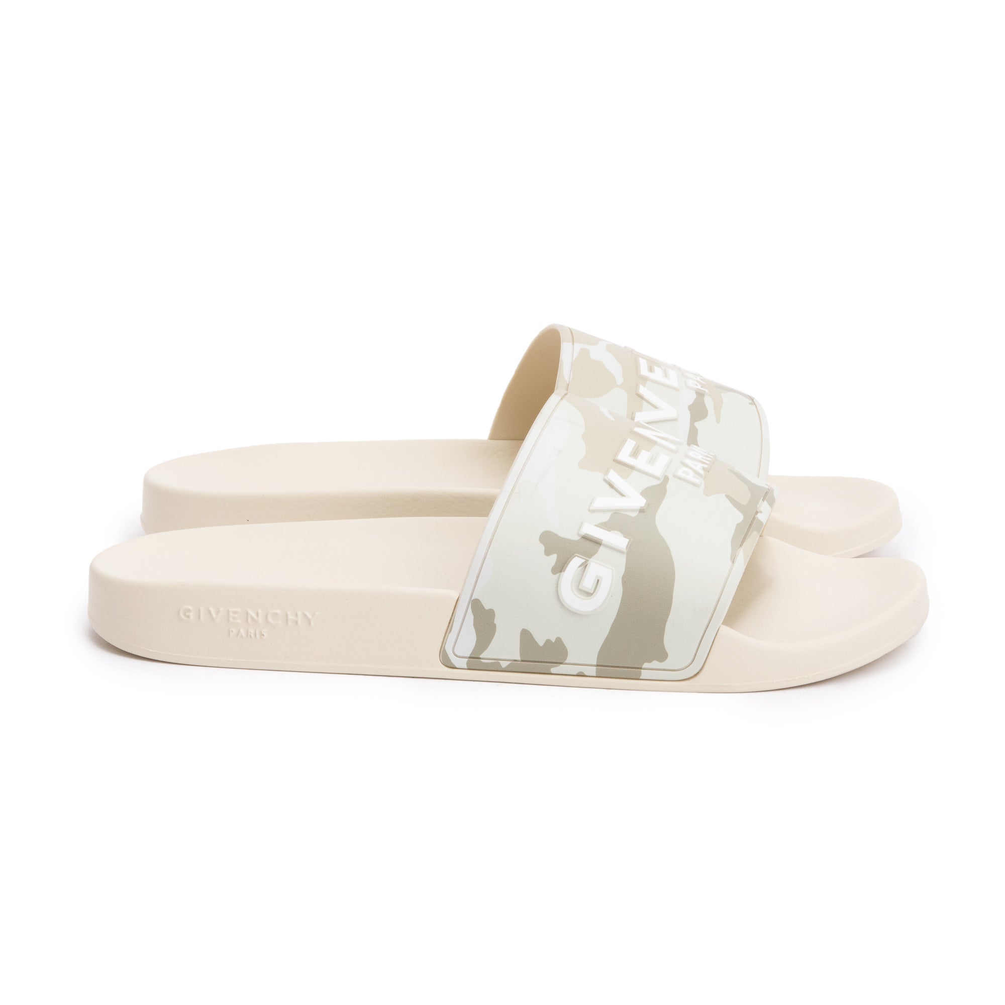 Givenchy 2022 Beige Camouflage Rubber Logo Slides, Size 45 w/ Box