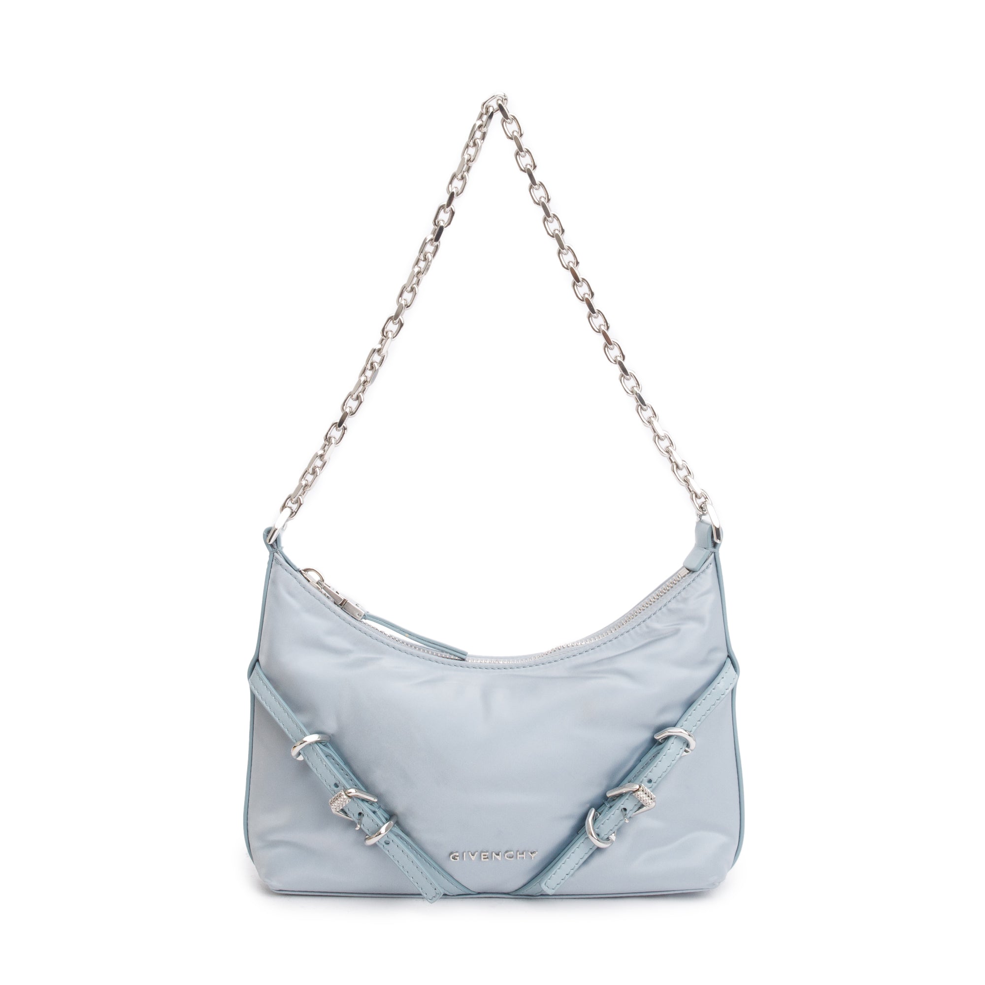 Givenchy 2023 Blue Metallic Nylon Satin Mini Voyou Party Shoulder Bag