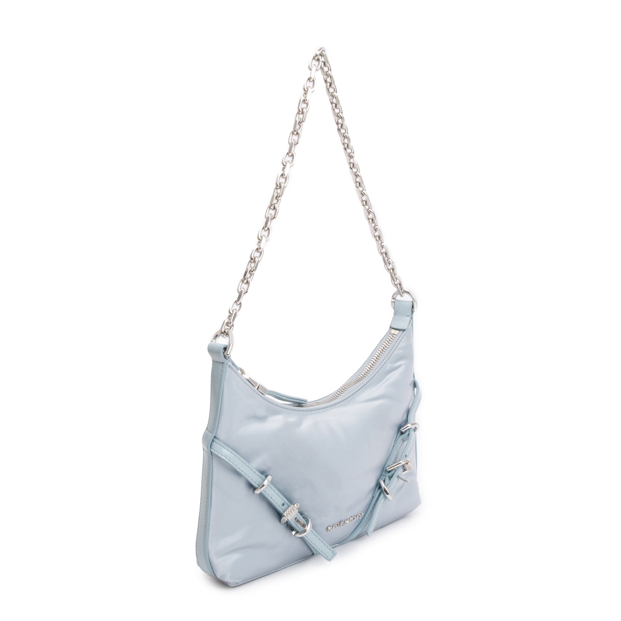 Givenchy 2023 Blue Metallic Nylon Satin Mini Voyou Party Shoulder Bag