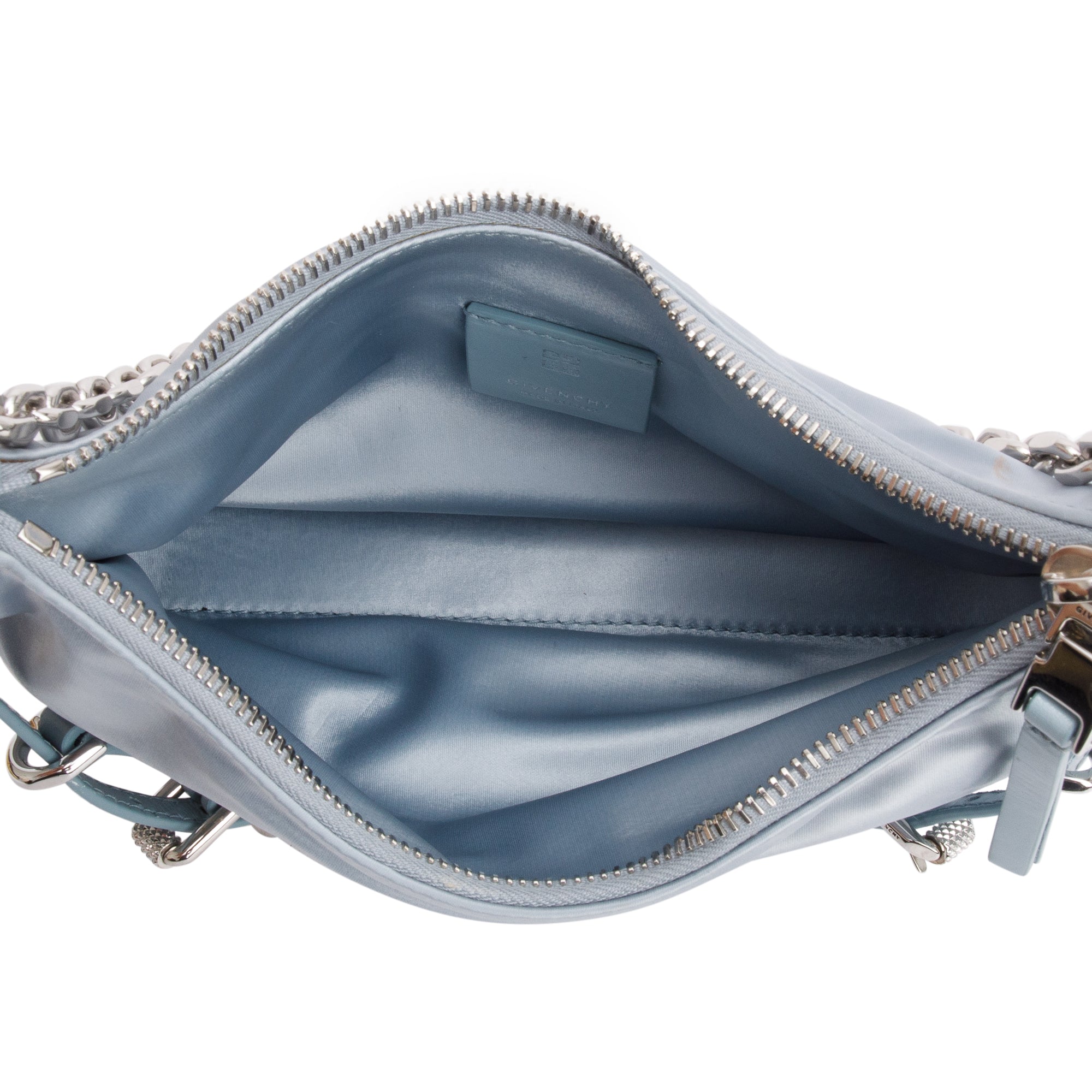 Givenchy 2023 Blue Metallic Nylon Satin Mini Voyou Party Shoulder Bag
