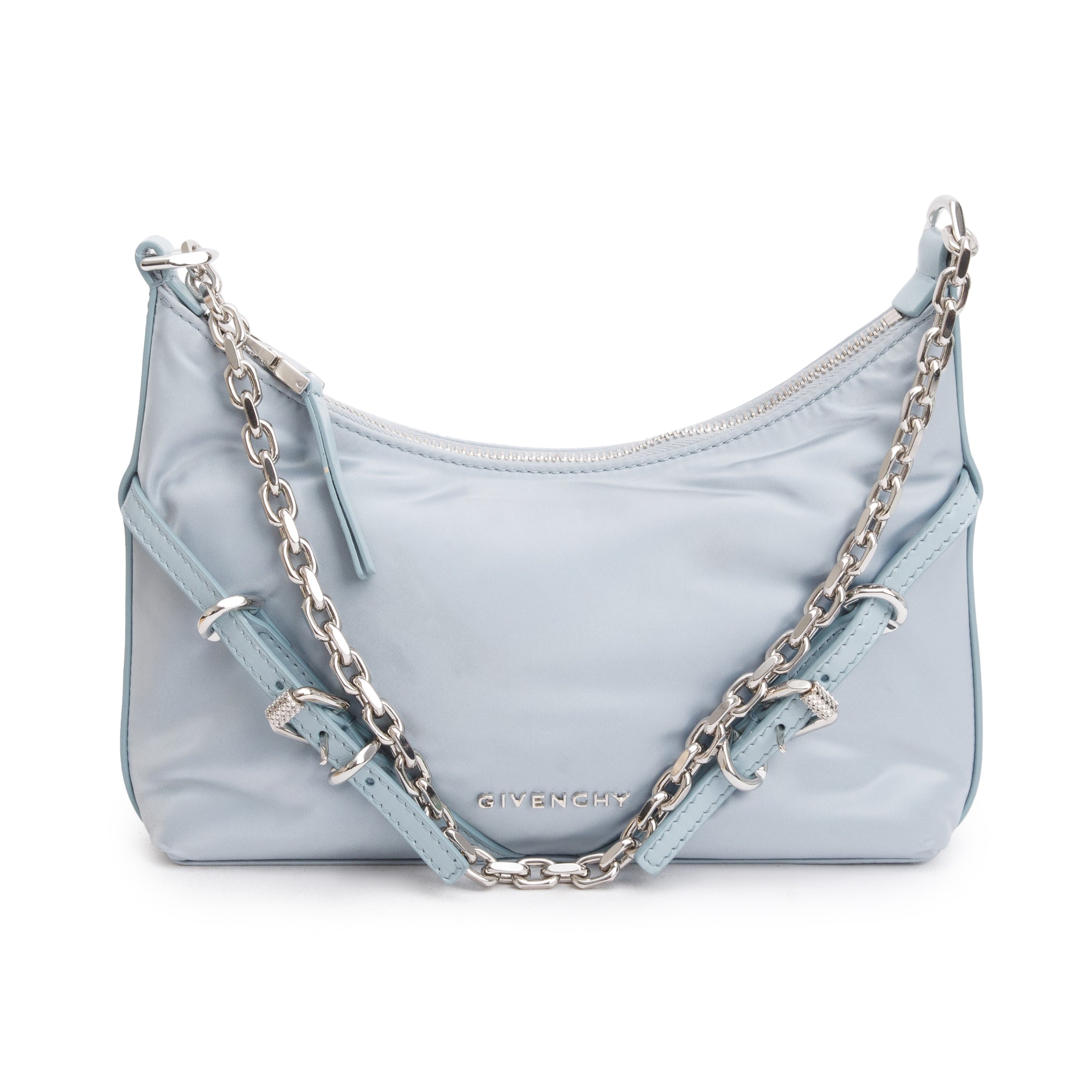 Givenchy 2023 Blue Metallic Nylon Satin Mini Voyou Party Shoulder Bag