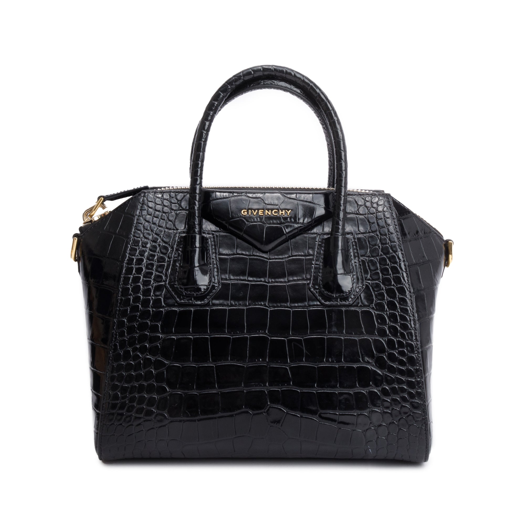 Givenchy Black Croc-Embossed Leather Small Antigona Bag