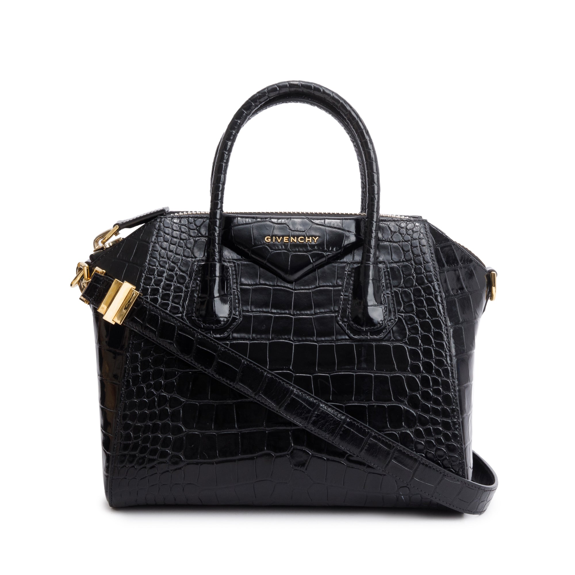 Givenchy Black Croc-Embossed Leather Small Antigona Bag