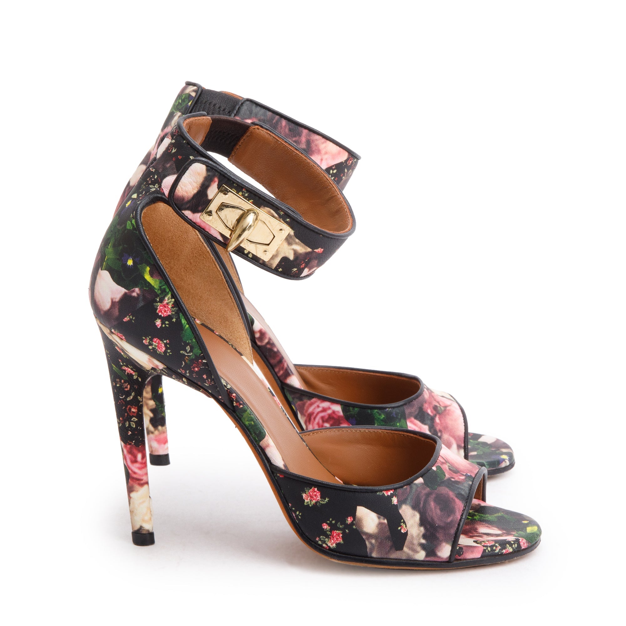 Givenchy Black Floral Satin Shark Lock Ankle Strap Pumps, Size 36 w/ Box
