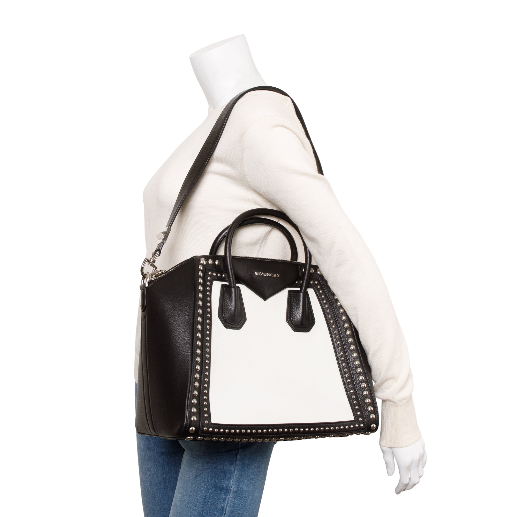 Givenchy Black/White Calfskin Leather Studded Medium Antigona Bag
