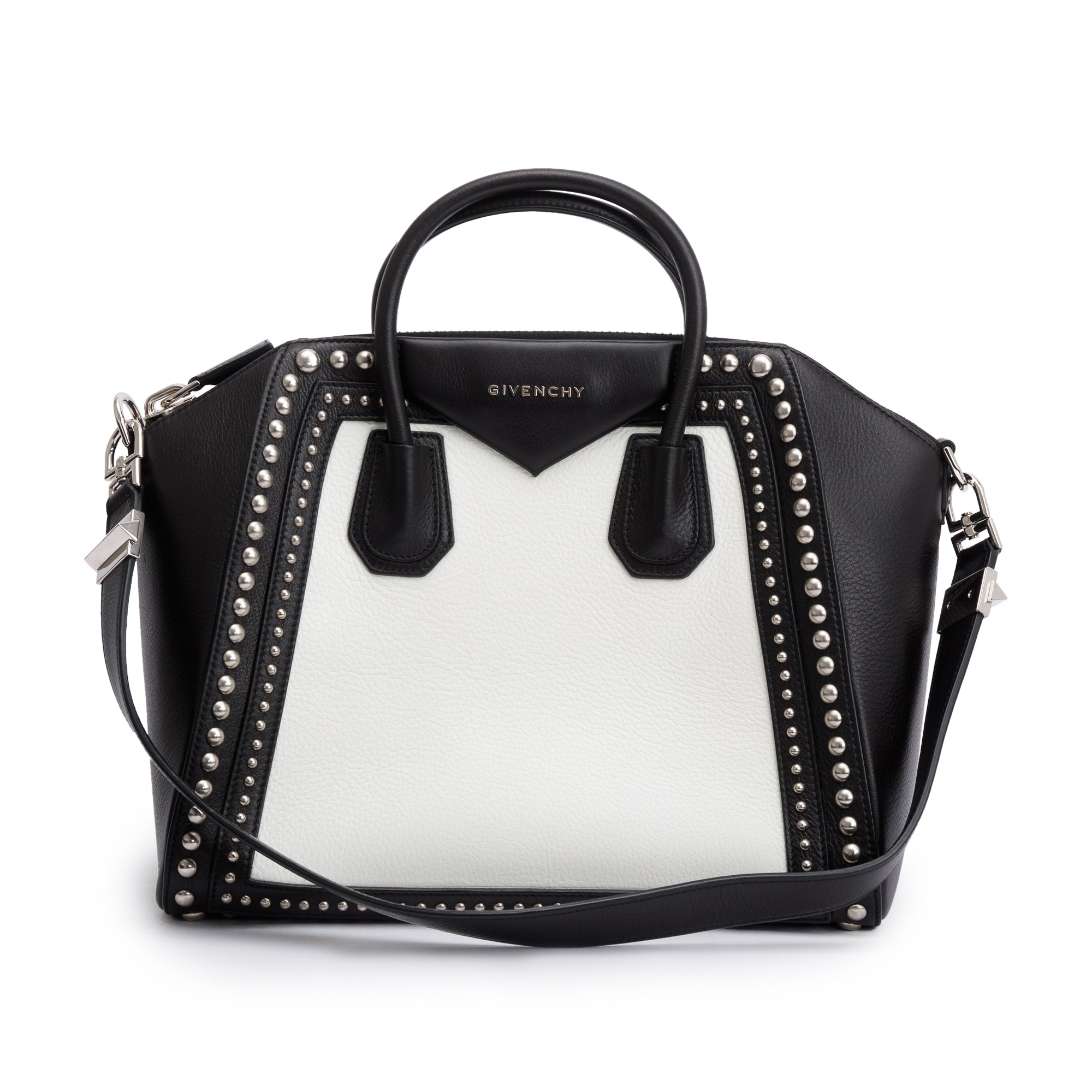 Givenchy Black/White Calfskin Leather Studded Medium Antigona Bag