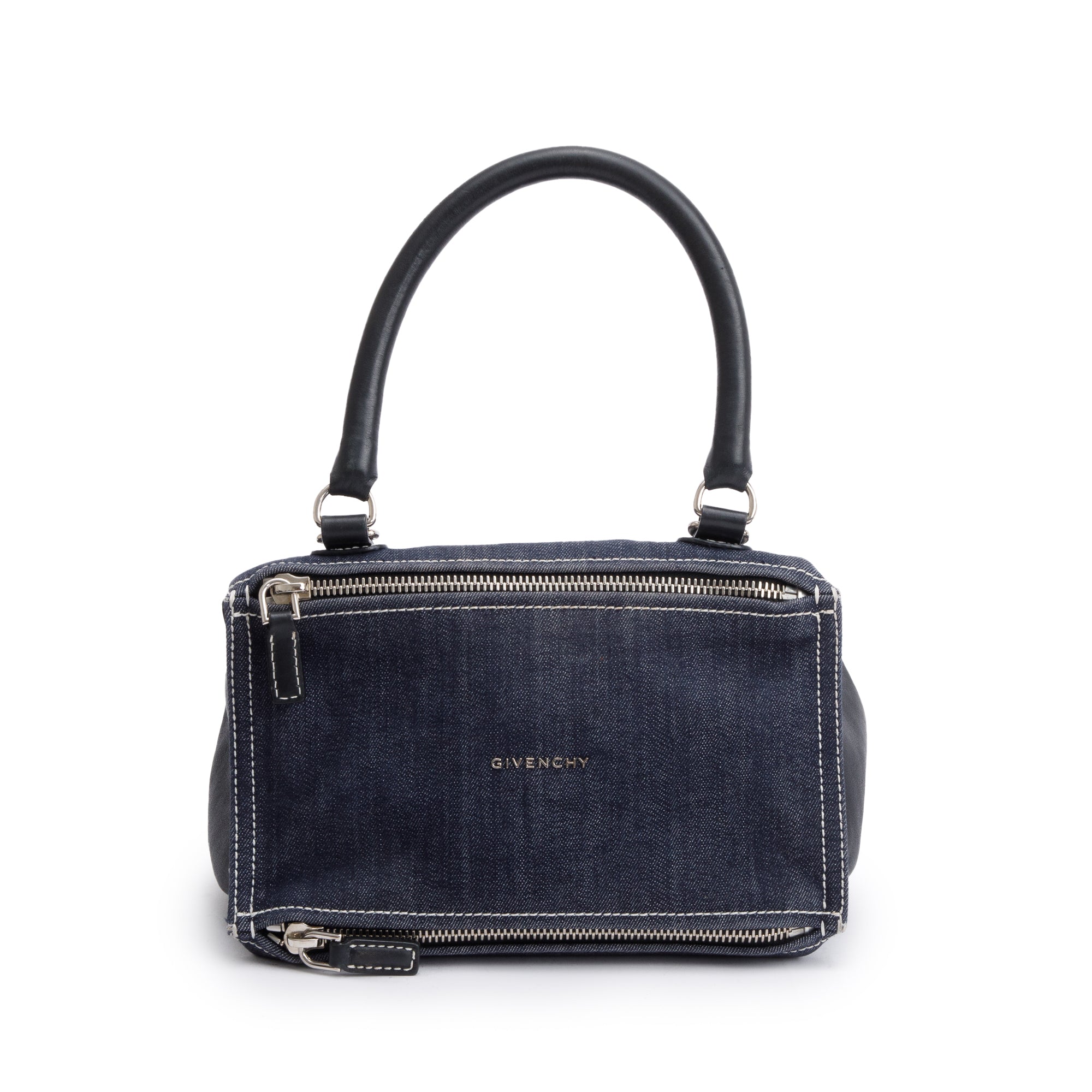 Givenchy Blue Denim Black Calfskin Leather Small Pandora Satchel