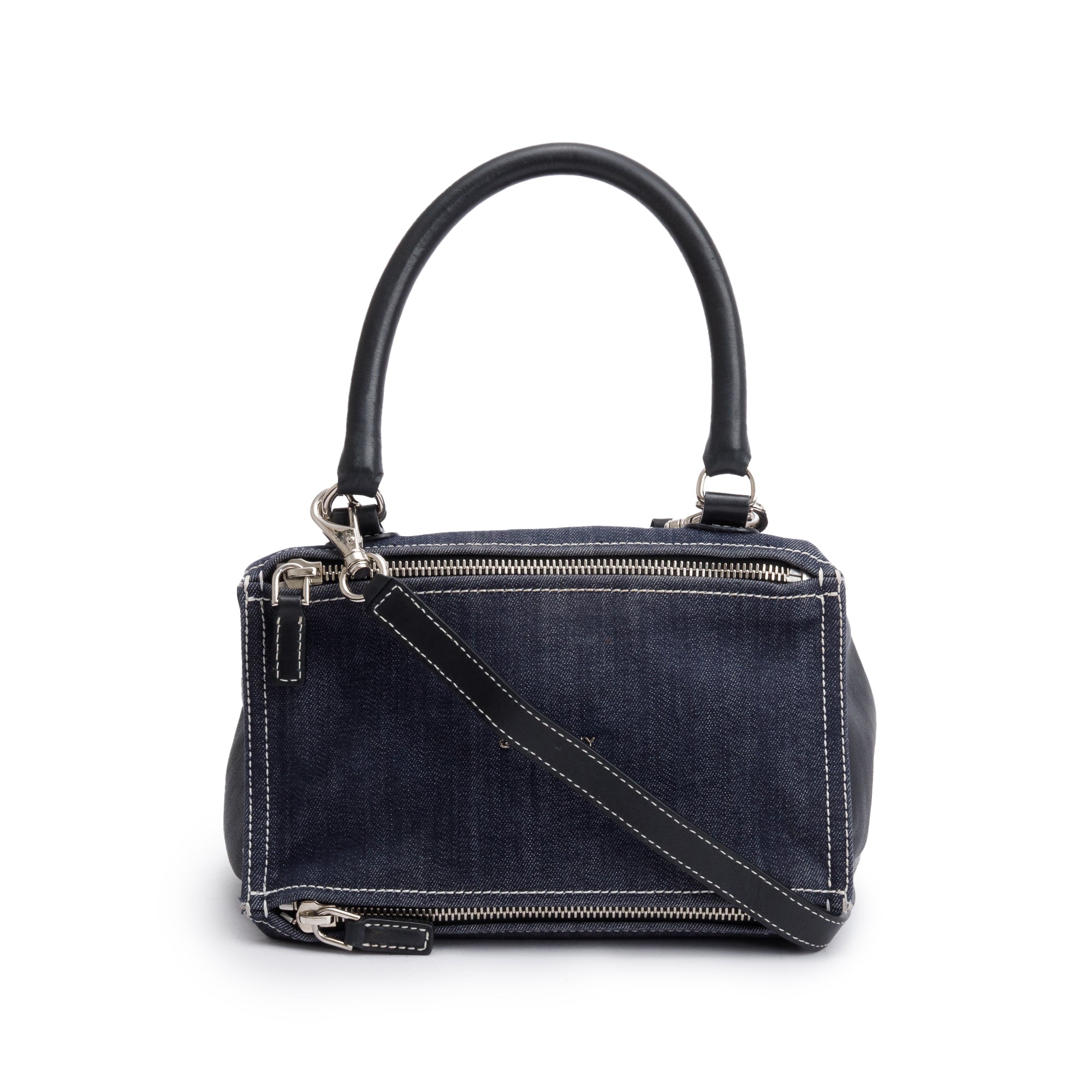 Givenchy Blue Denim Black Calfskin Leather Small Pandora Satchel