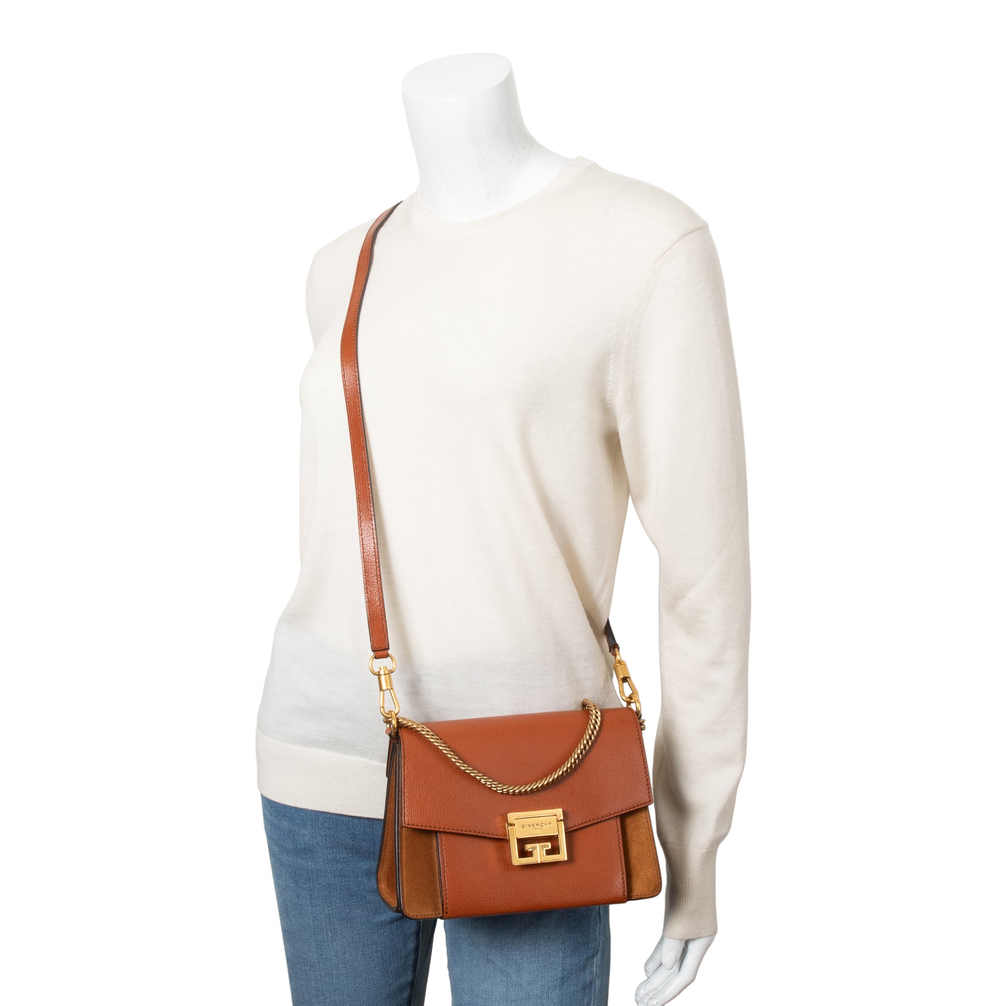 Givenchy Brown Calfskin Leather Suede Small GV3 Crossbody Bag w/ Strap