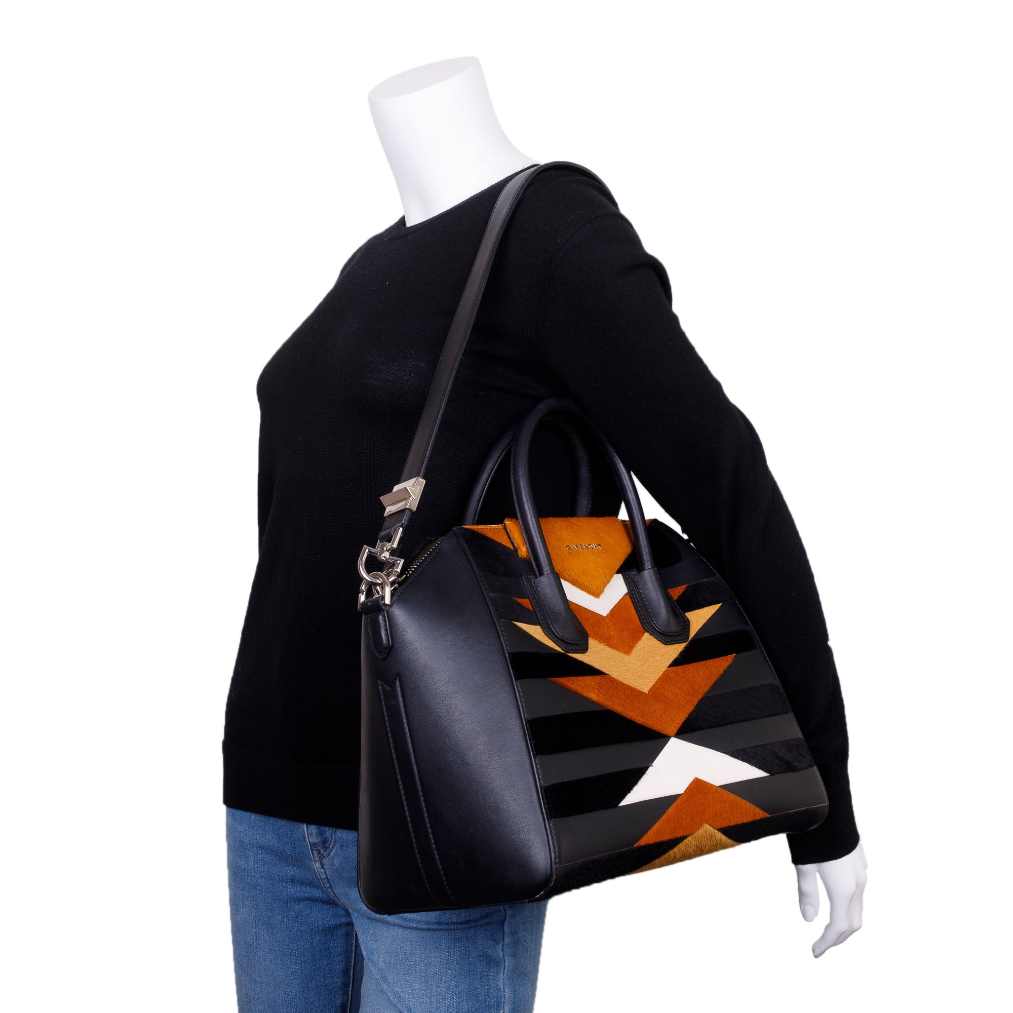 Givenchy Fur Trim Black Calfskin Leather Medium Antigona Bag