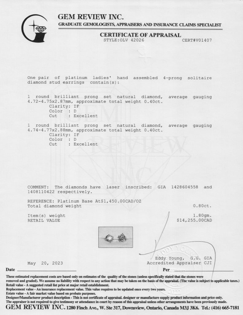 Platinum 0.80 tcw. Diamond Stud Earrings w/ GIA Diamond Certificates