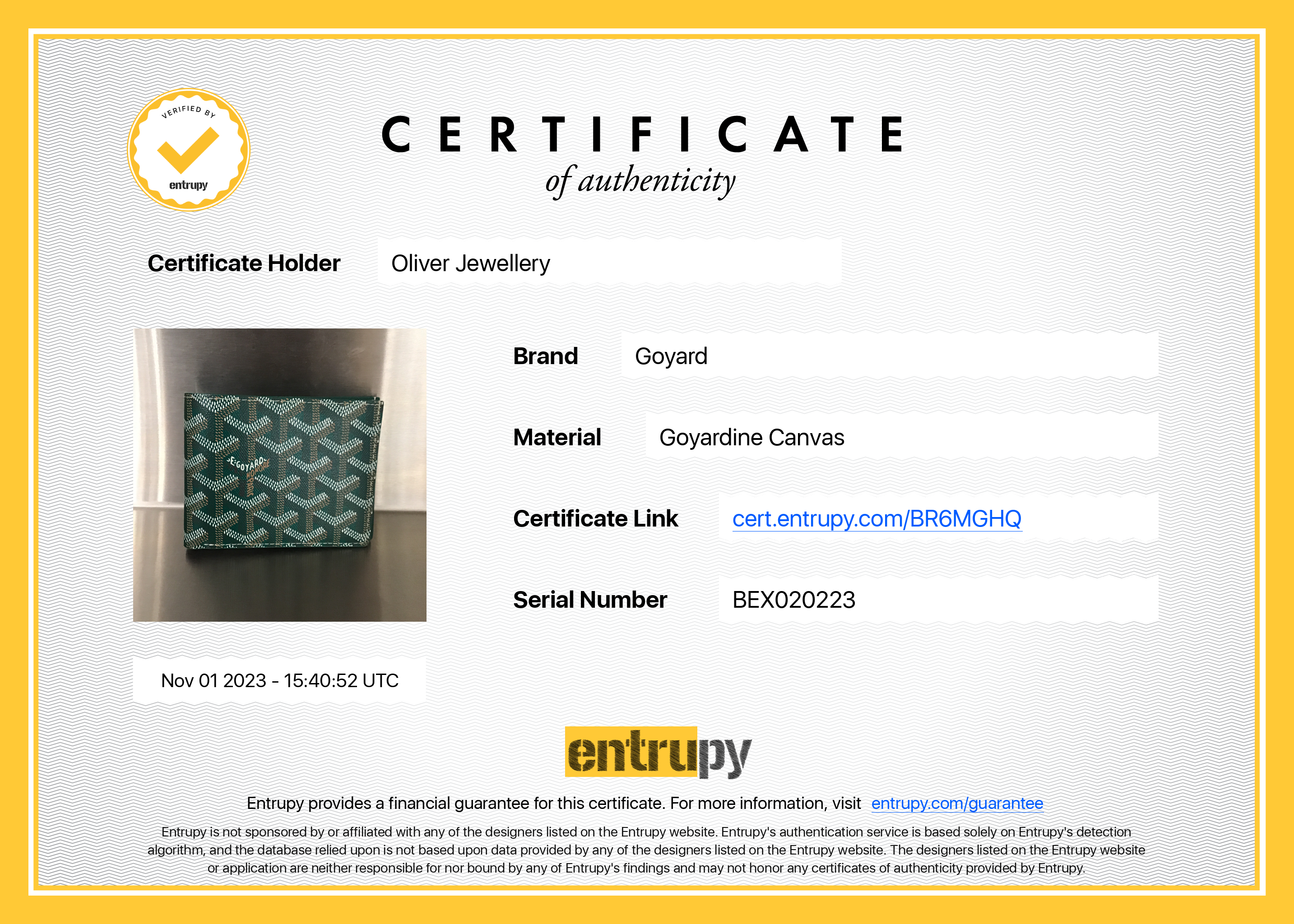 Goyard 2022 Green Goyardine Victorie Bifold Wallet w/ Box