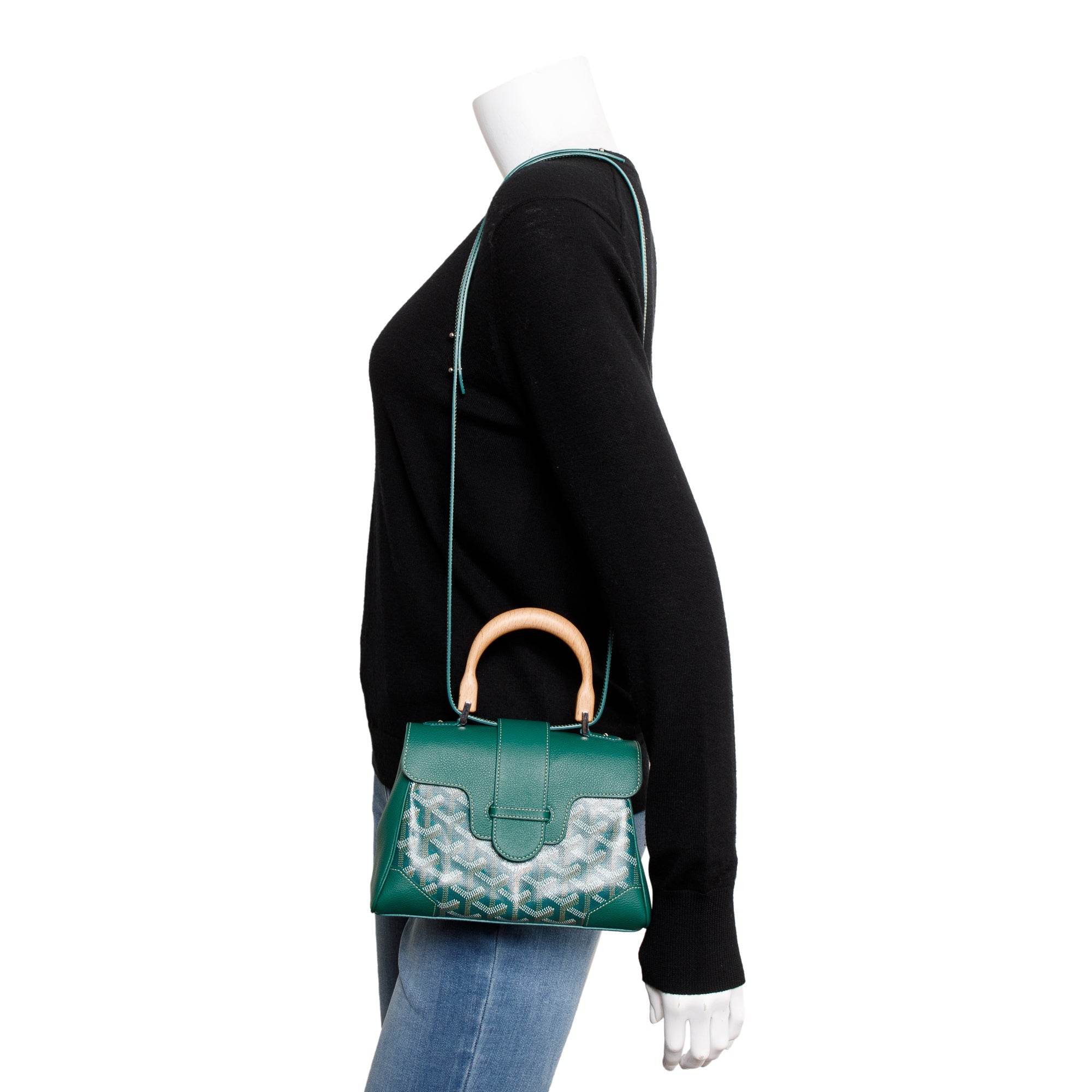 Goyard 2023 Green Leather & Goyardine Canvas Mini Saigon Bag w/ Strap & Receipt