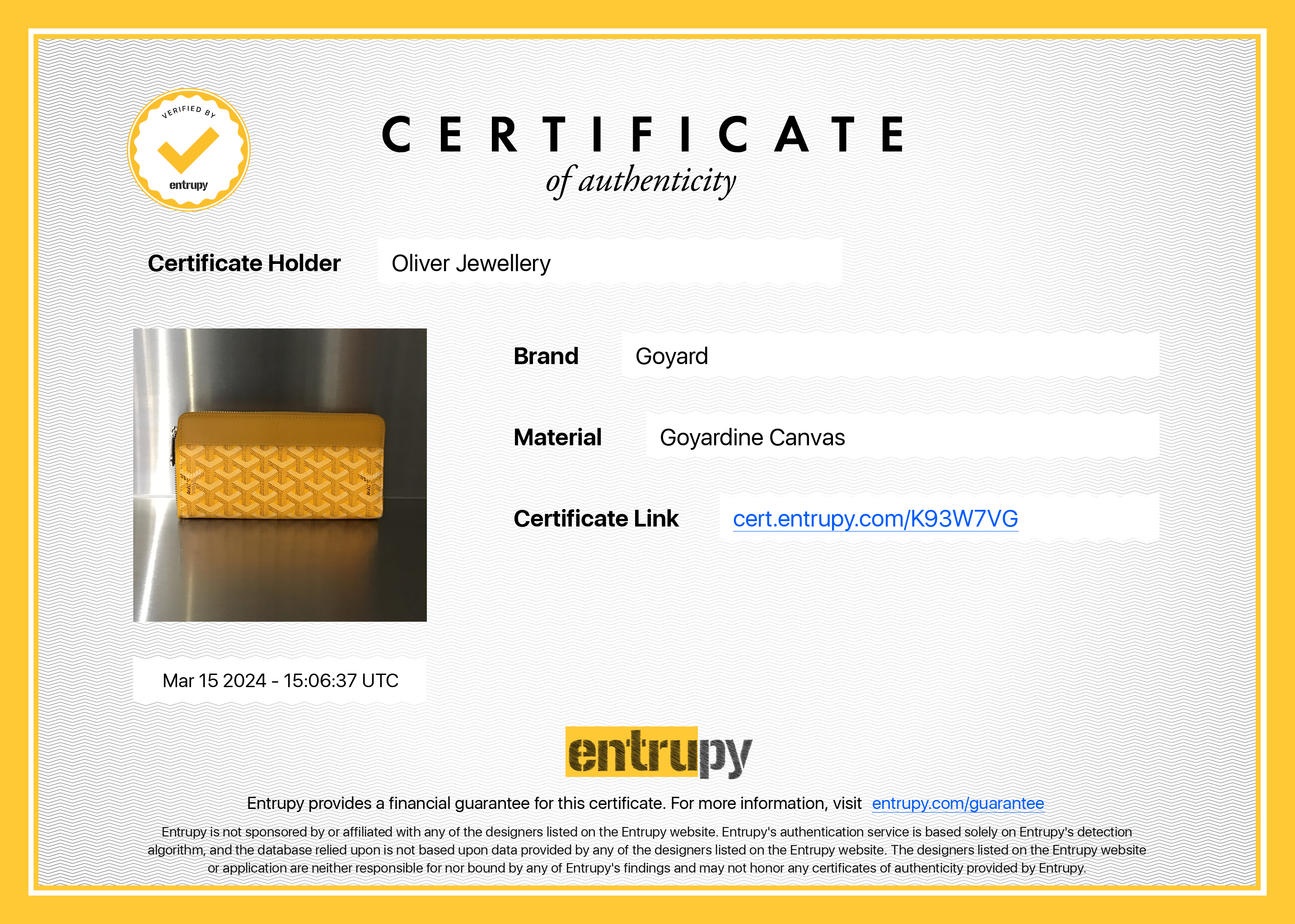 Goyard Yellow Goyardine Matignon GM Zippy Wallet w/ Box