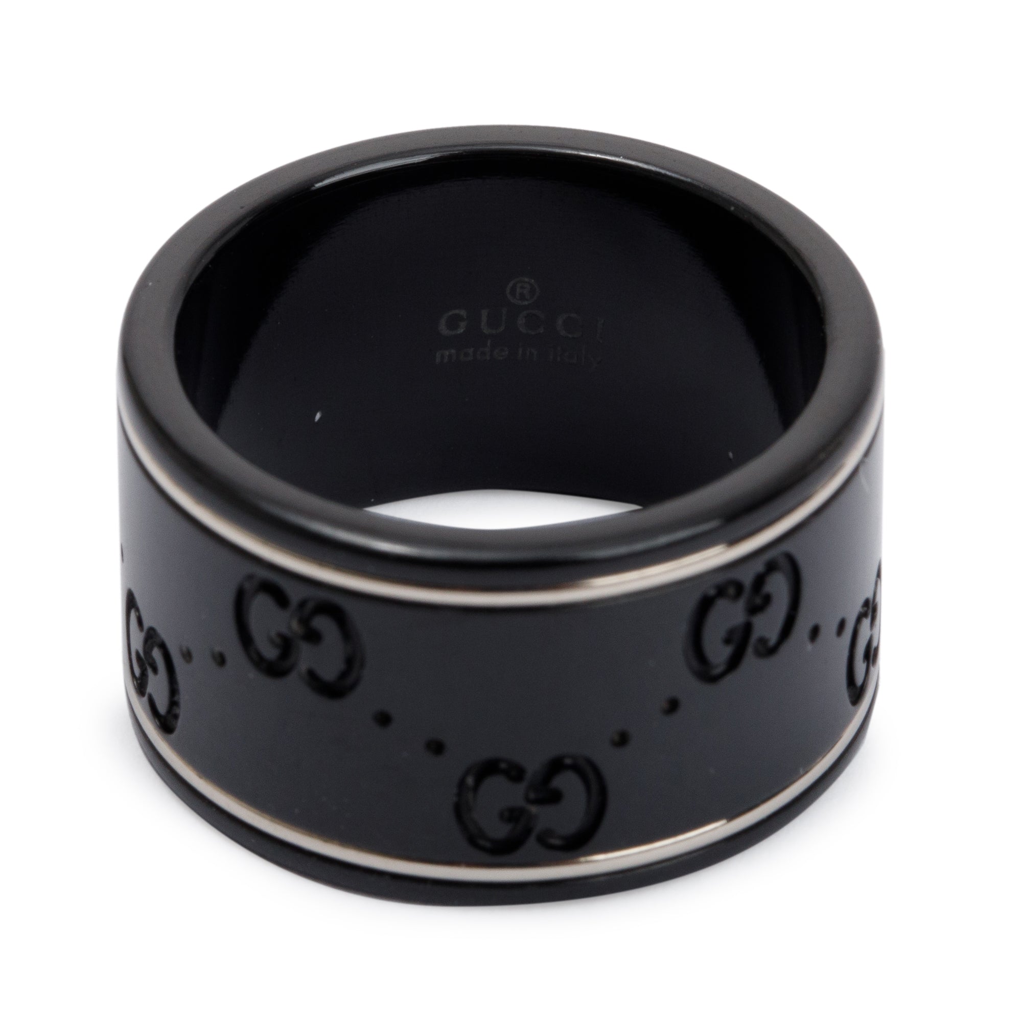 Gucci 18k White Gold & Black Ceramic Wide Icon Band Ring, Size 7.5 w/ Box