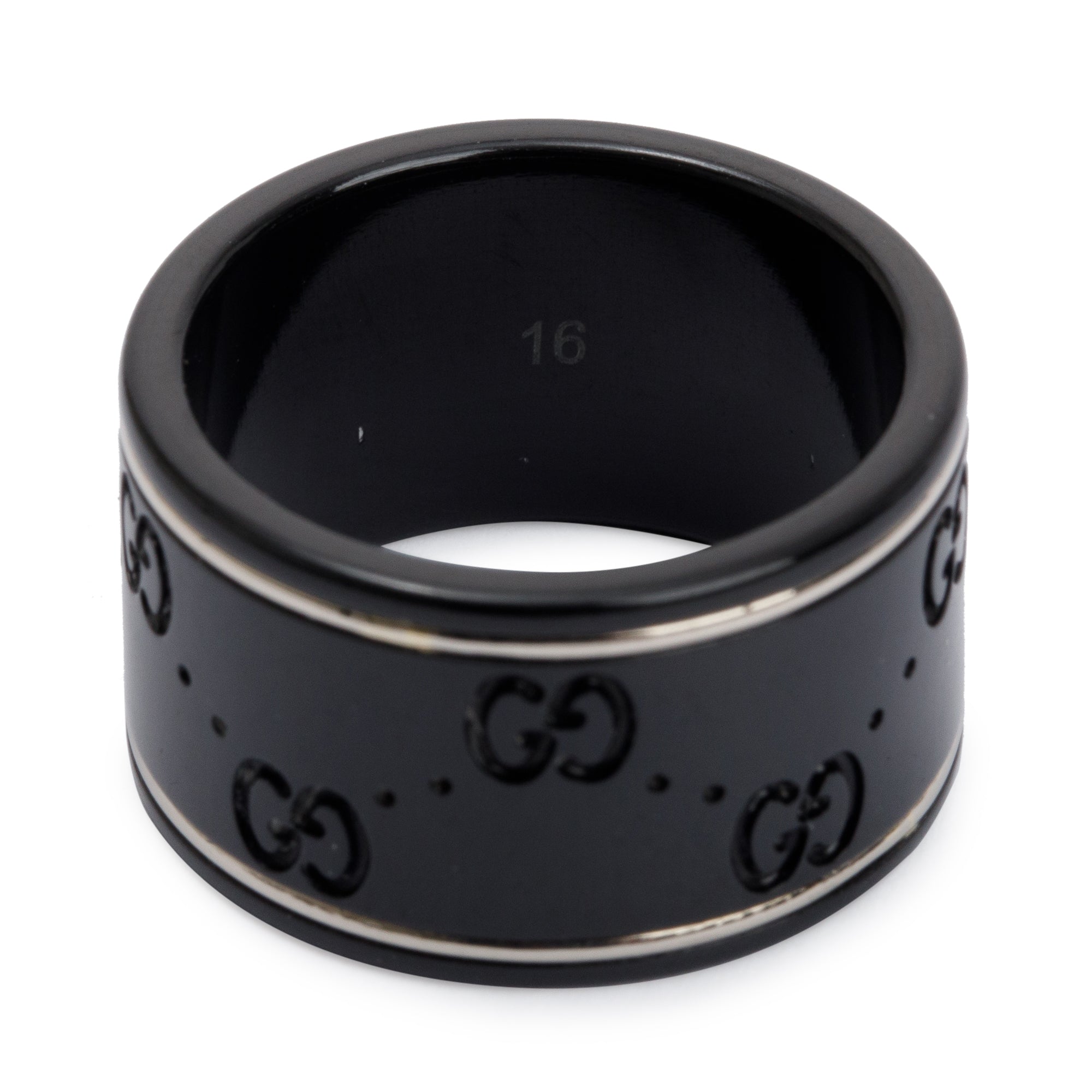 Gucci 18k White Gold & Black Ceramic Wide Icon Band Ring, Size 7.5 w/ Box