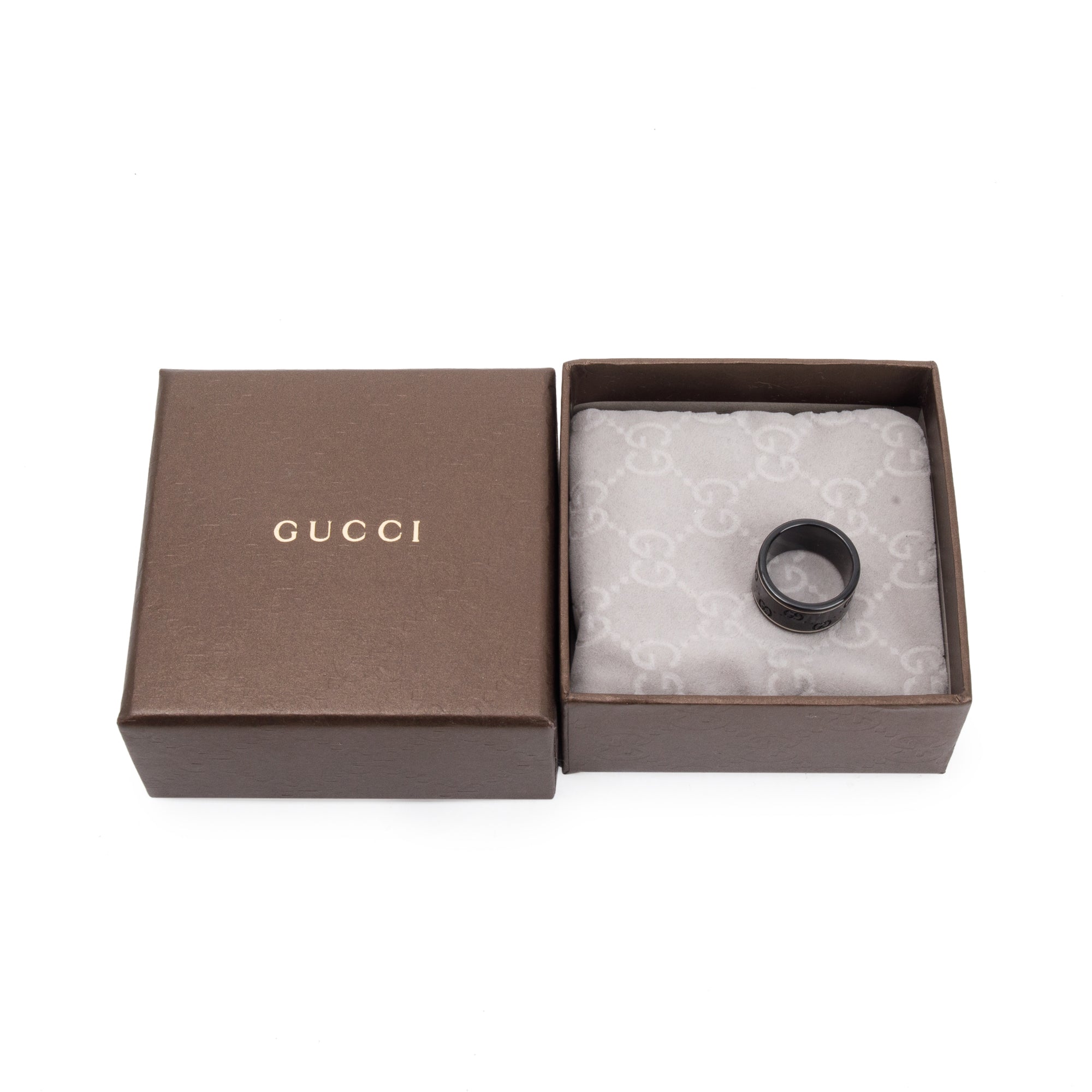 Gucci 18k White Gold & Black Ceramic Wide Icon Band Ring, Size 7.5 w/ Box