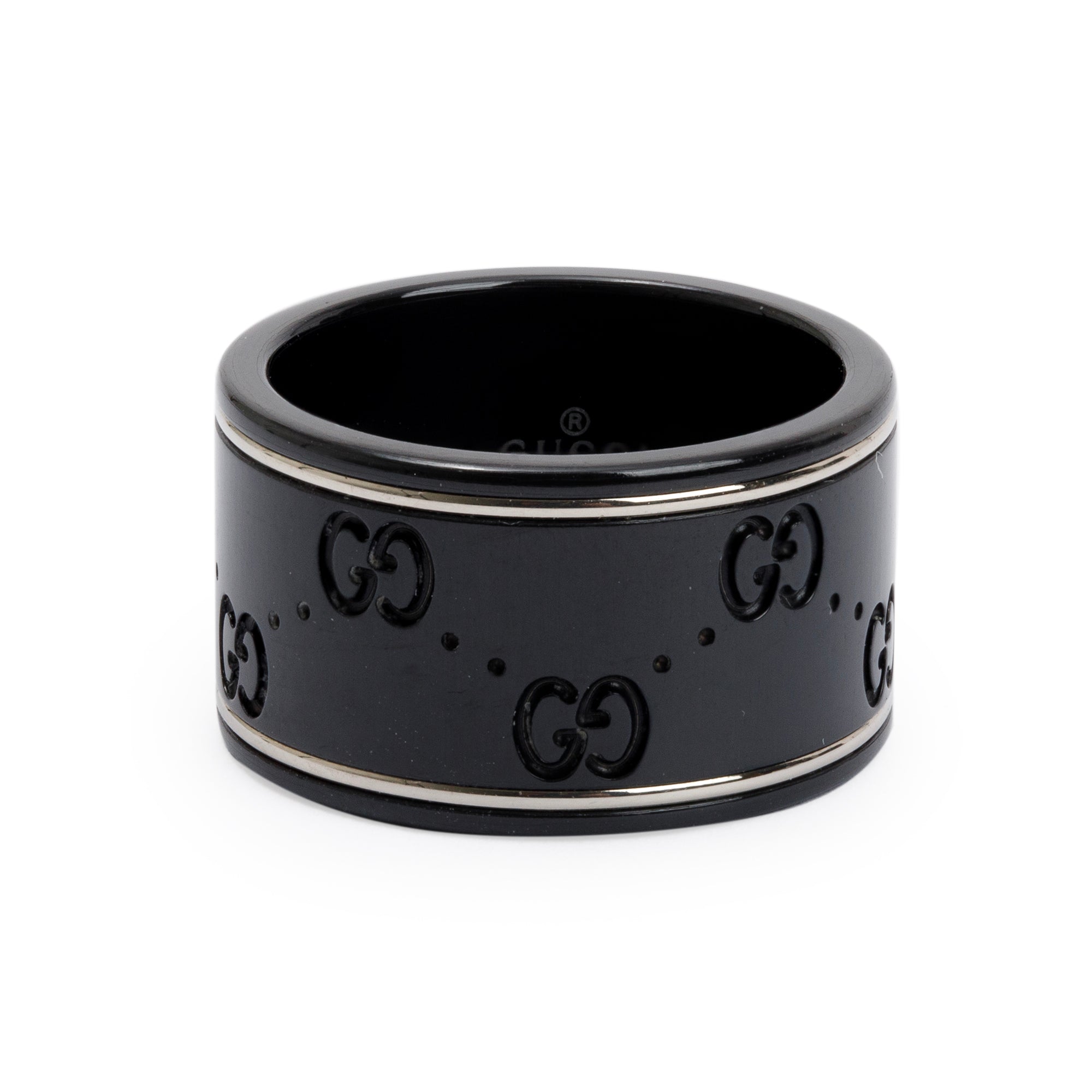 Gucci 18k White Gold & Black Ceramic Wide Icon Band Ring, Size 7.5 w/ Box