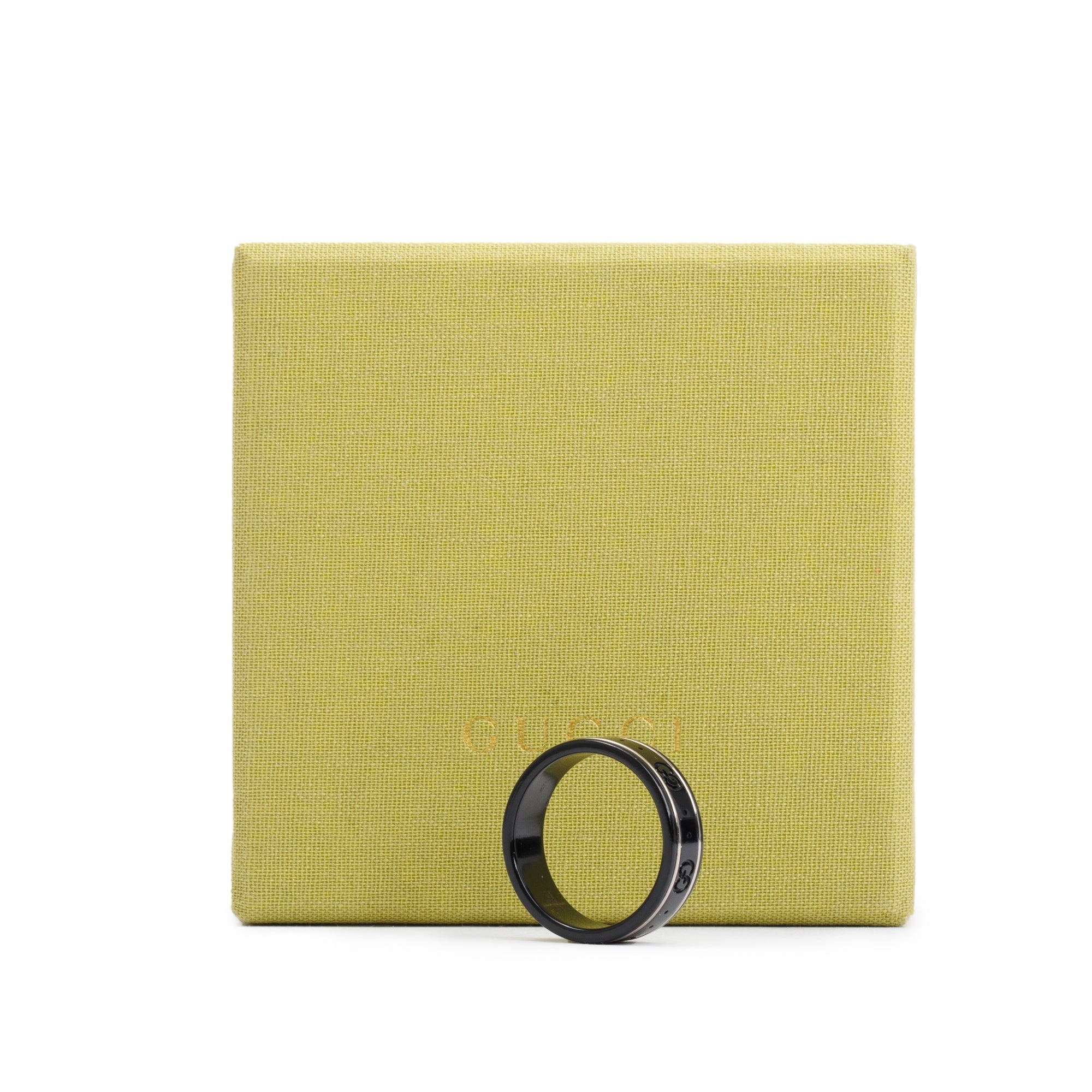 Gucci 18k White Gold & Black Corundum 7 MM Icon Band Ring, Size 11 w/ Box