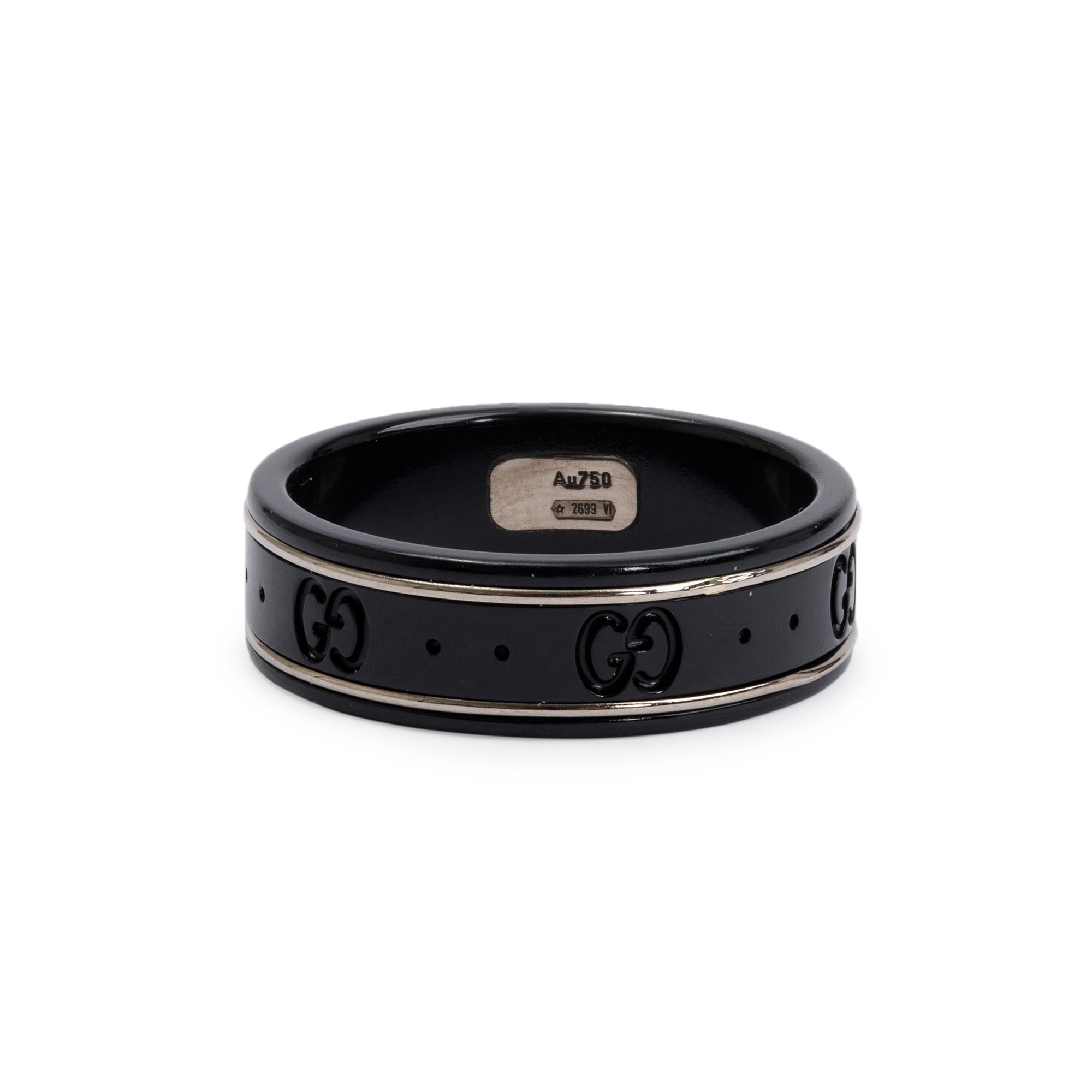 Gucci 18k White Gold & Black Corundum 7 MM Icon Band Ring, Size 11 w/ Box