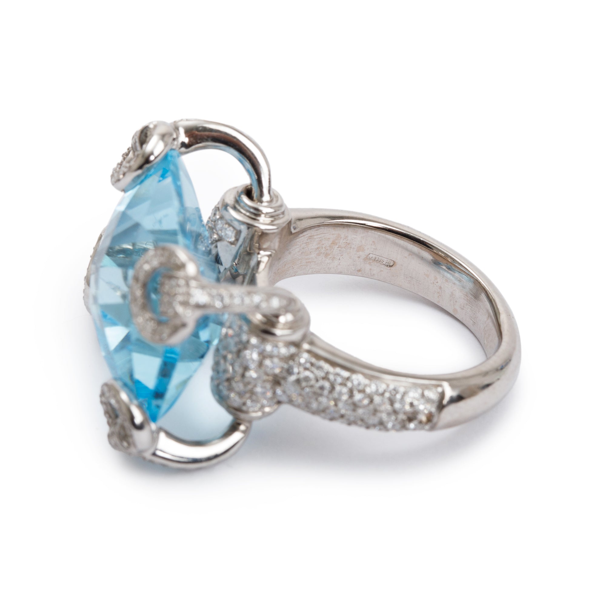 Gucci 18k White Gold Blue Topaz & Diamond Horsebit Cocktail Ring, Size 4.75