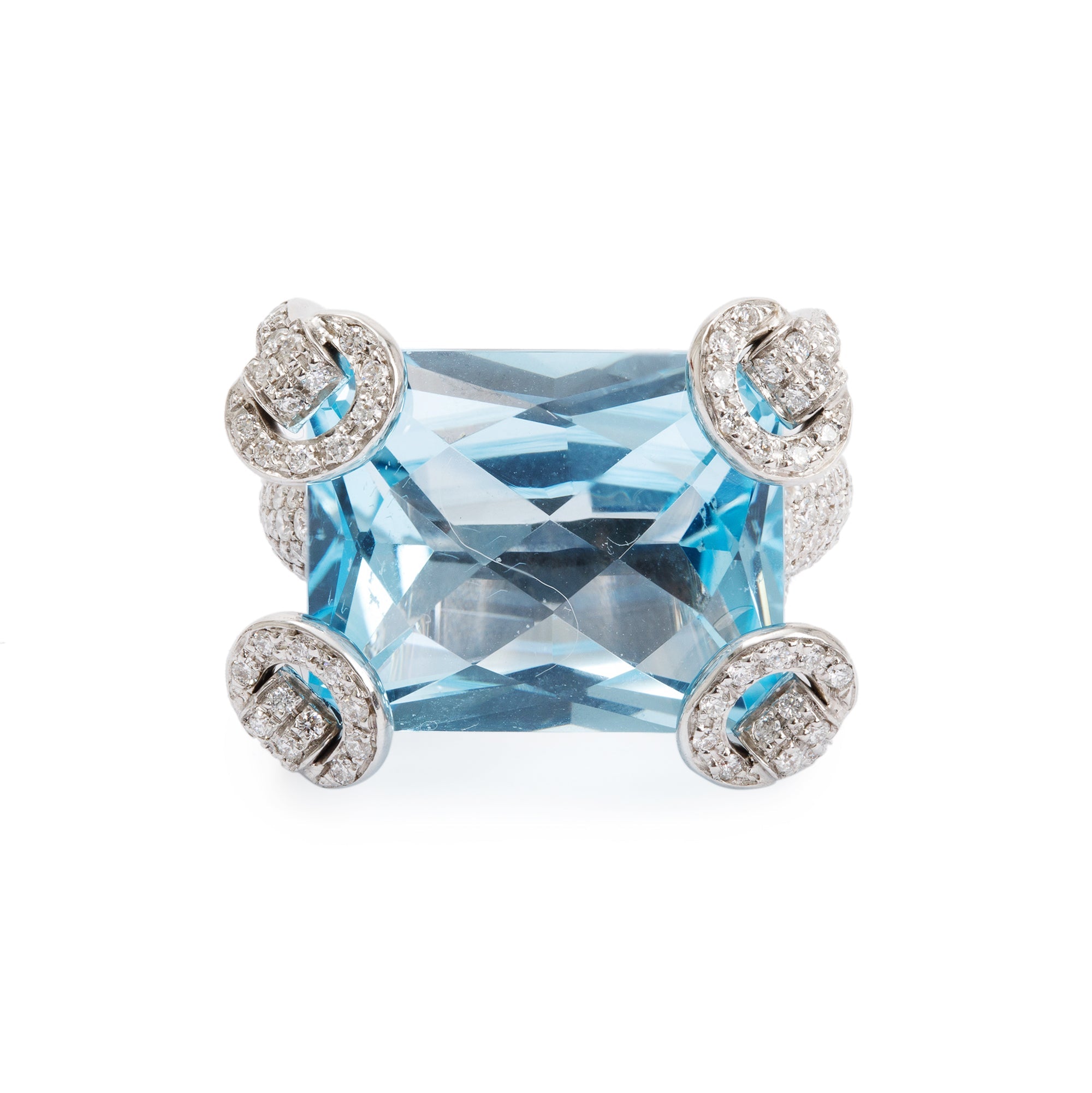 Gucci 18k White Gold Blue Topaz & Diamond Horsebit Cocktail Ring, Size 4.75