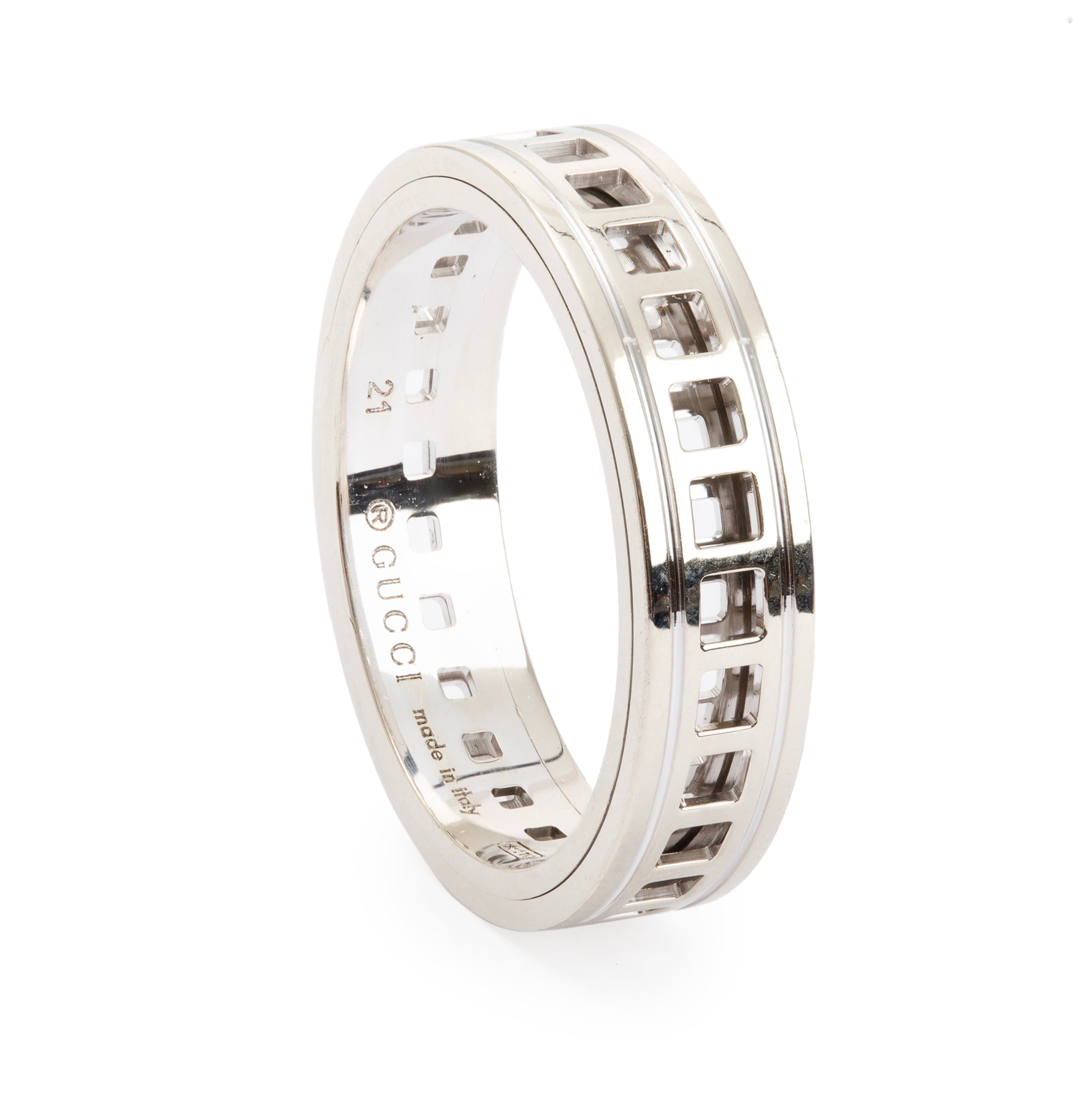 Gucci 18k White Gold Cut Out Spinning Ring, Size 21 9.25