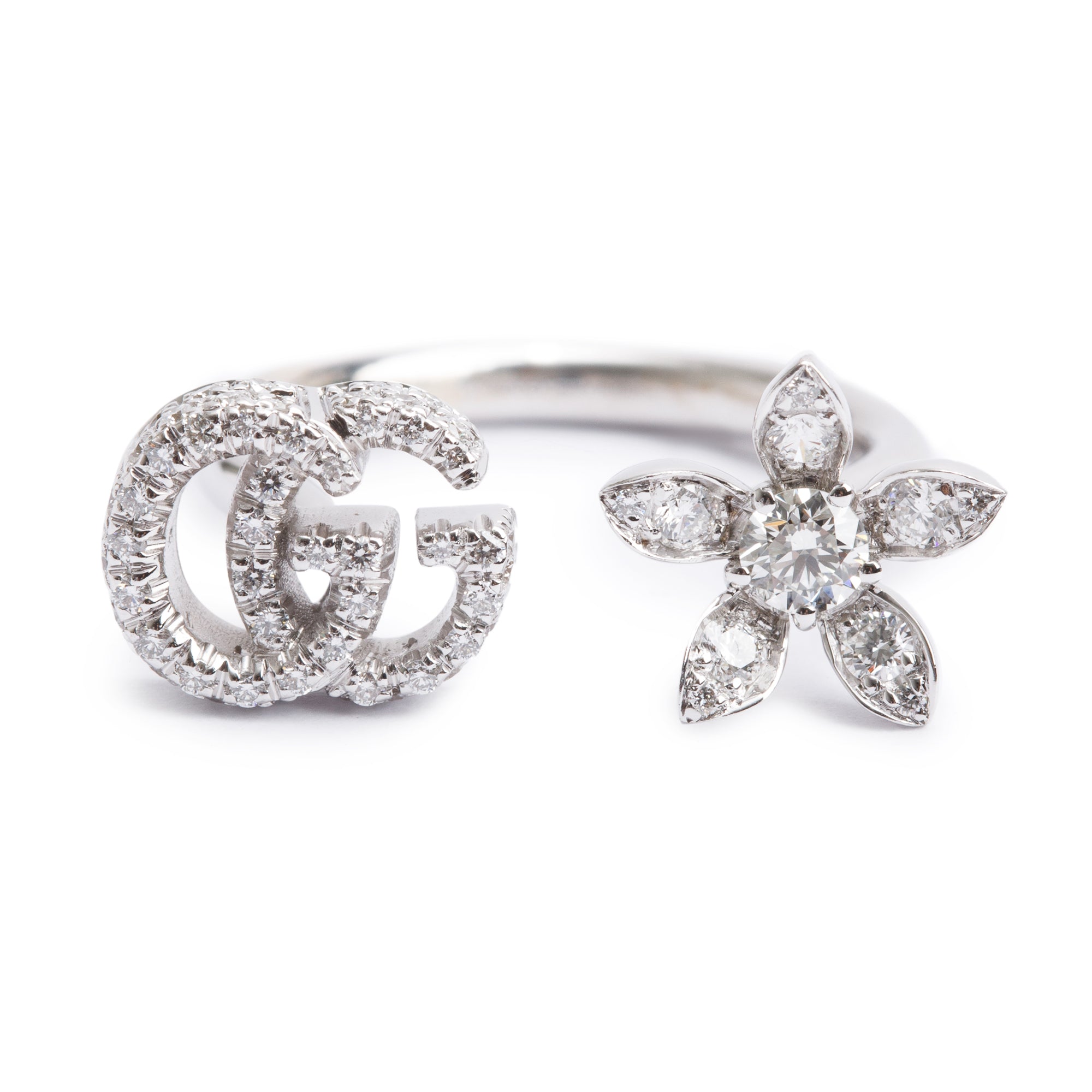Gucci 18k White Gold Diamond Double G & Flower Open Ring, Size 12 5.5