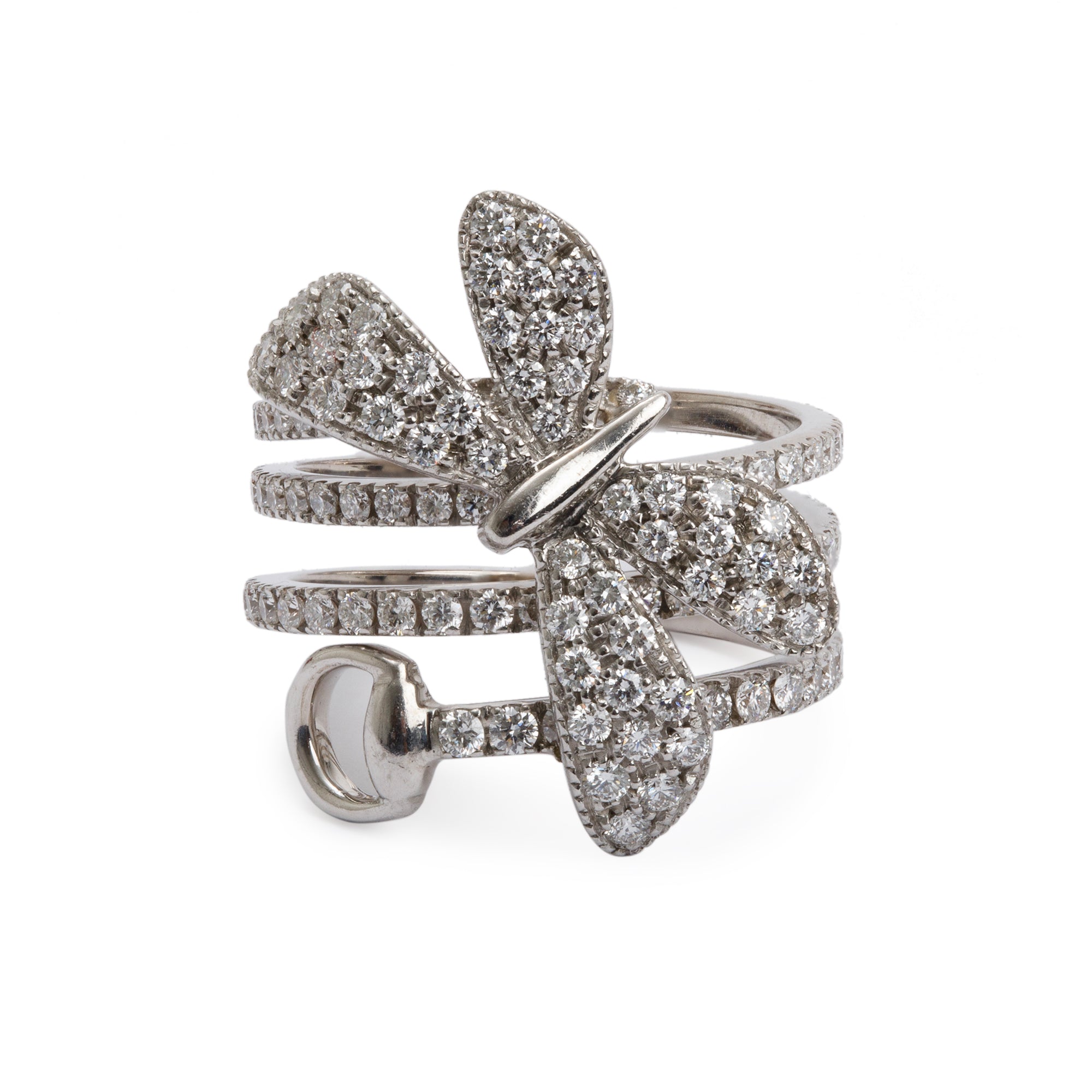 Gucci 18k White Gold Diamond Flora Butterfly Ring, Size 14 6.5