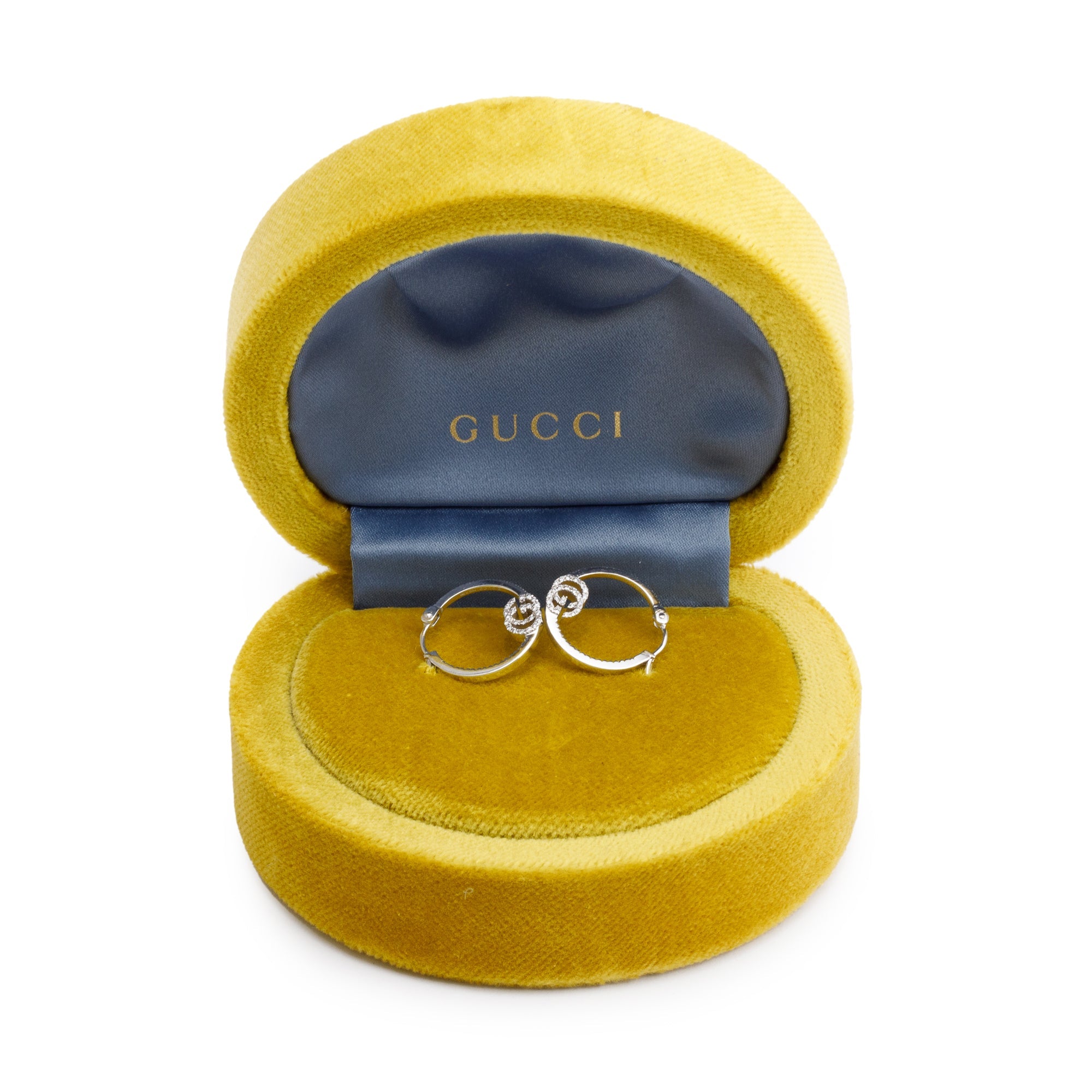 Gucci 18k White Gold Diamond GG Running Hoop Earrings w/ Box