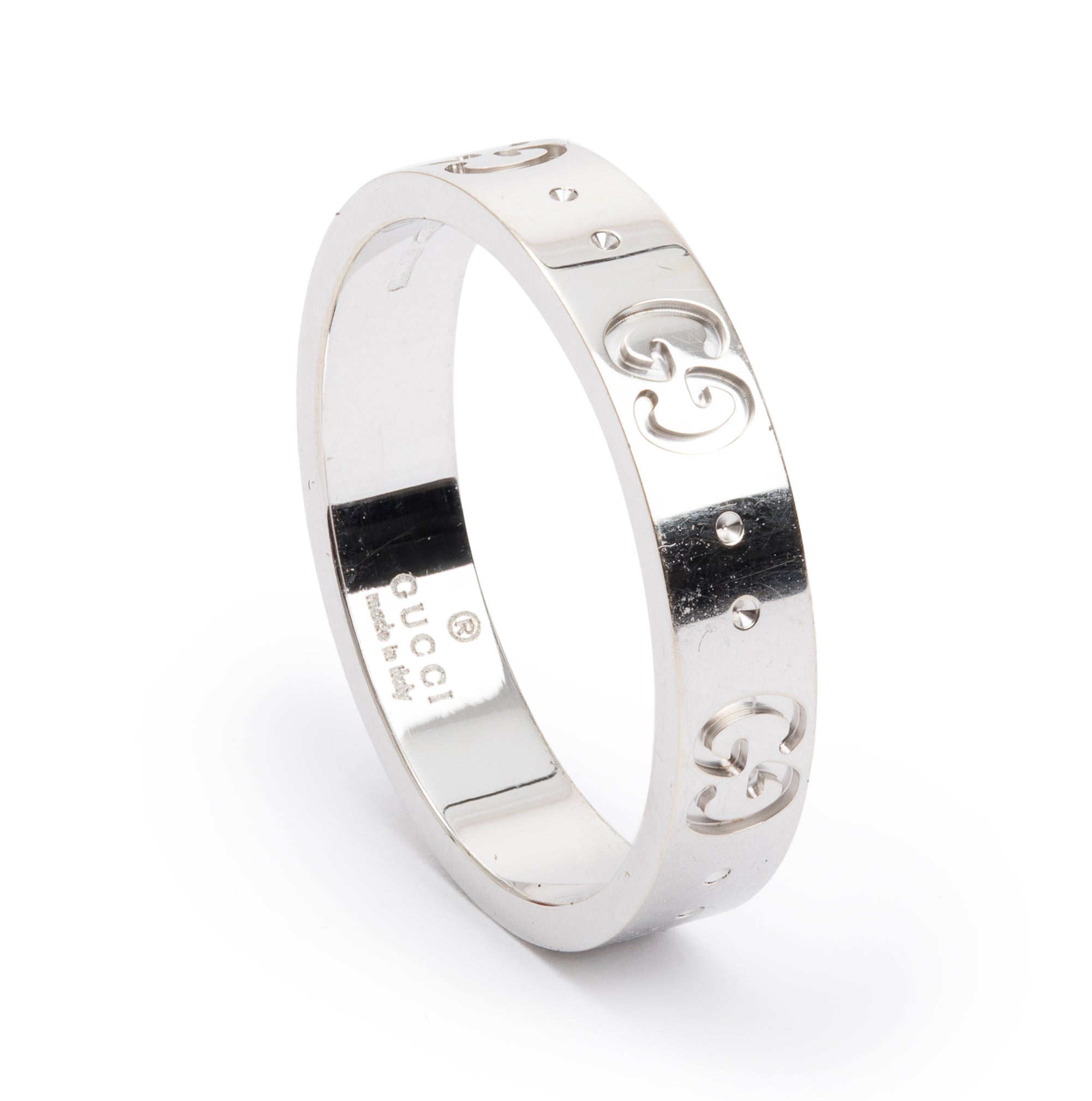 Gucci 18k White Gold Icon Thin Band 4 MM Ring, Size 15 7 w/ Box