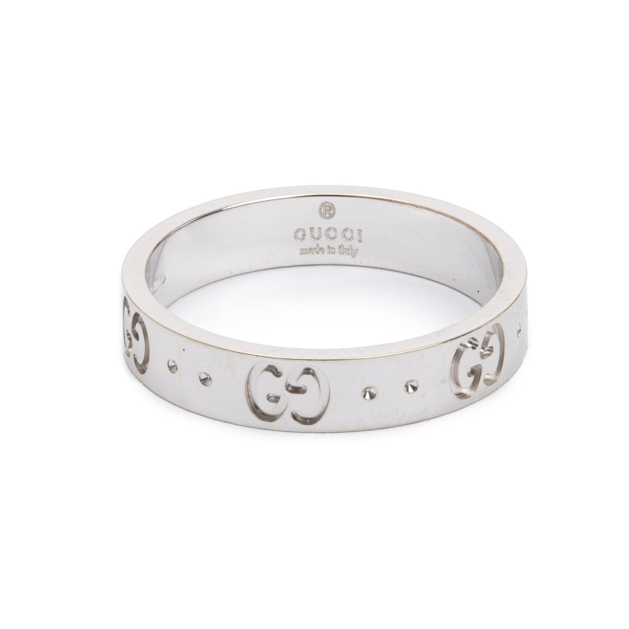 Gucci 18k White Gold Icon Thin Band 4 MM Ring, Size 15 7 w/ Box