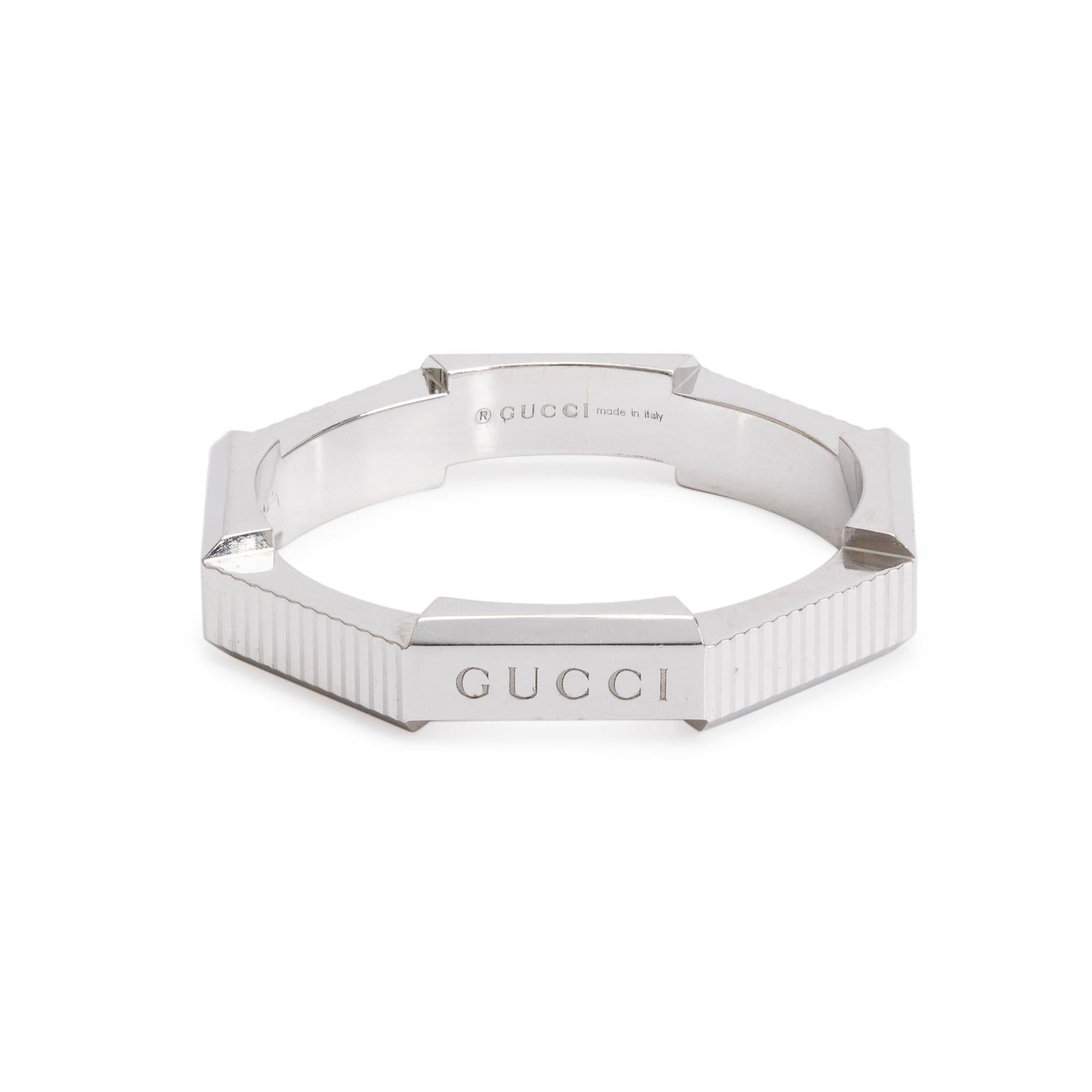 Gucci 18k White Gold Link to Love Striped Ring, Size 18 8.25