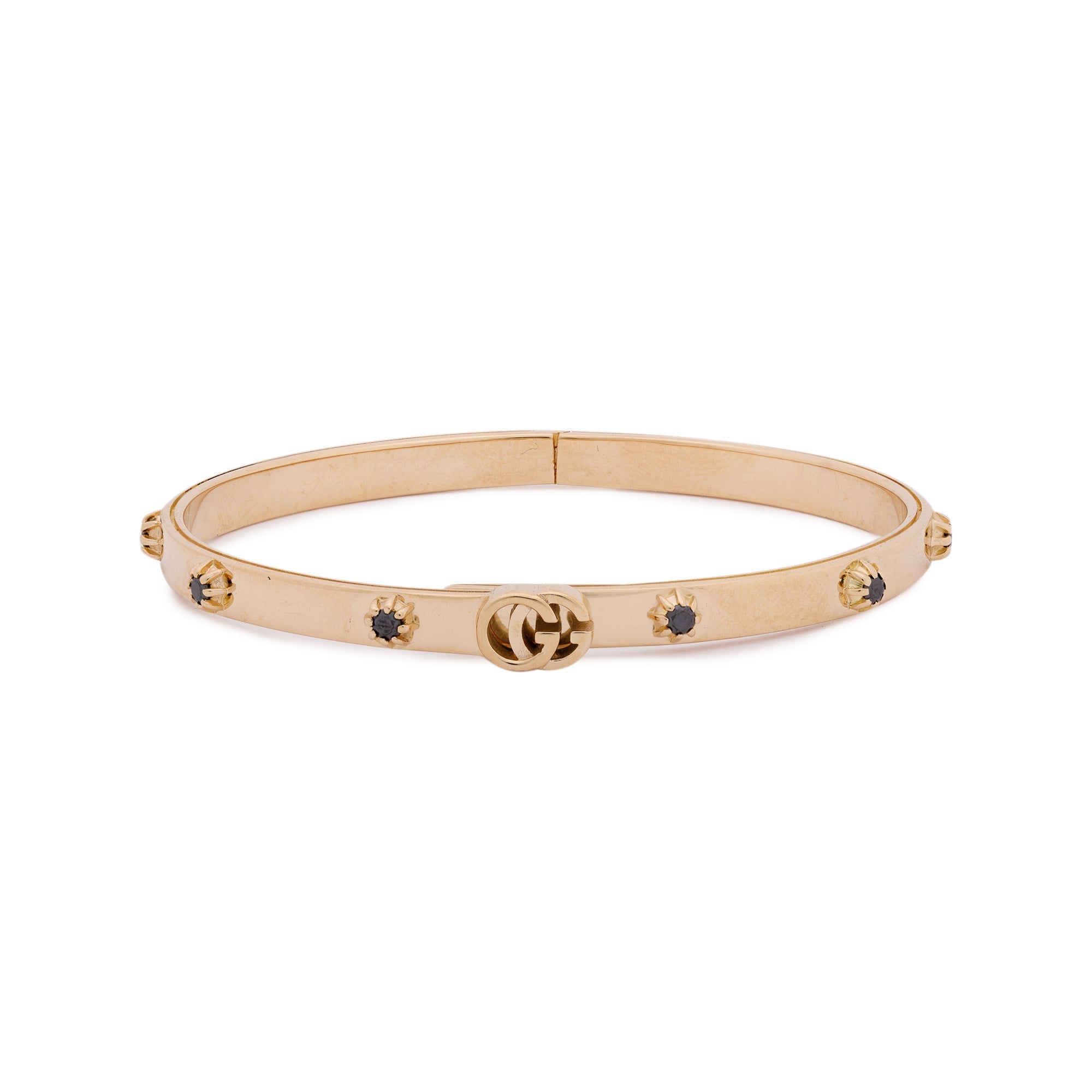 Gucci 18k Yellow Gold Black Diamond Running GG Bangle Bracelet