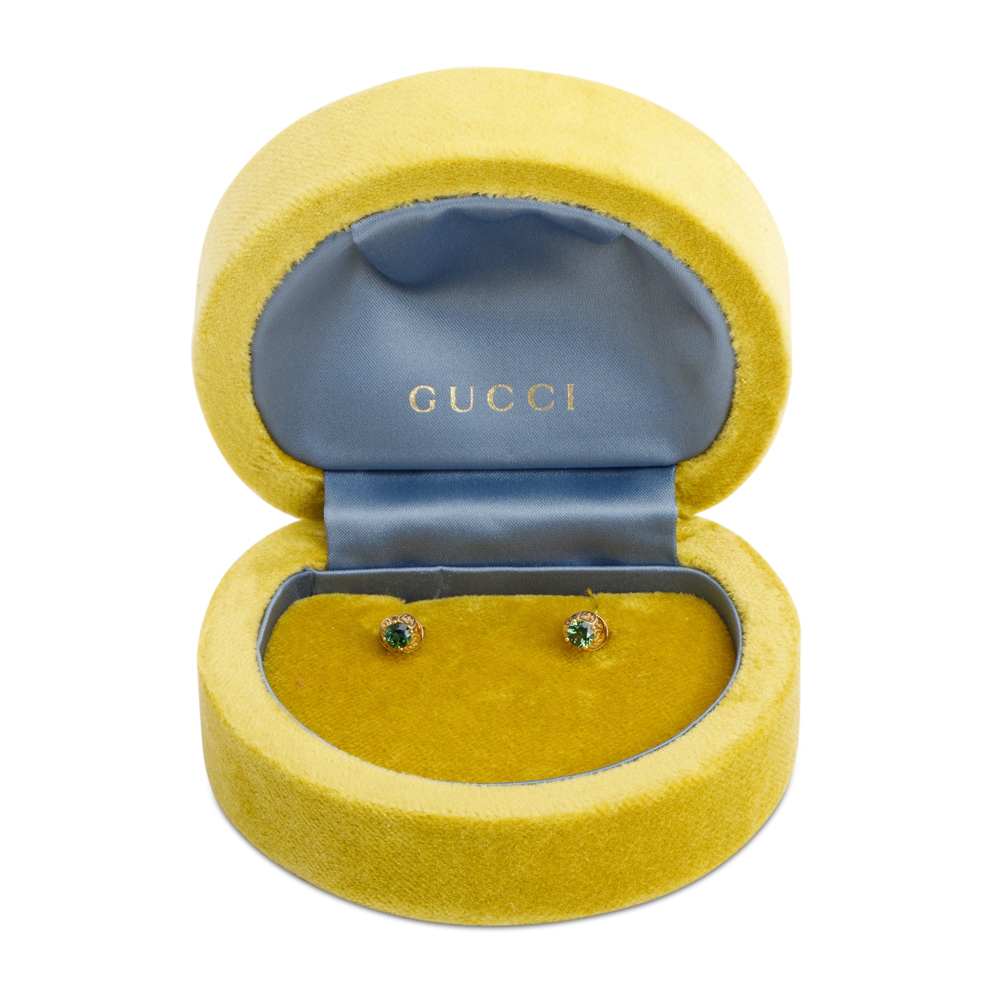Gucci 18k Yellow Gold Diamond Green Tourmaline Interlocking G Stud Earrings w/ Box